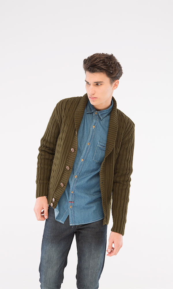 41766 Chunky Ribbed Knit Dark Olive Basic Cardigan