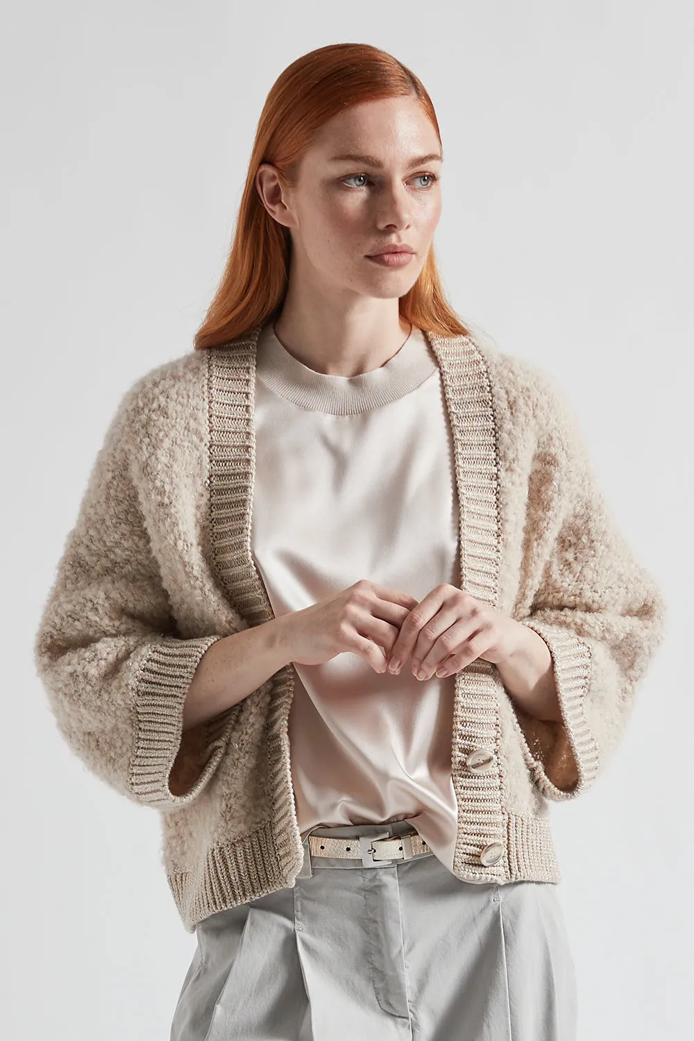 Alpaca wool, cashmere, silk and Lurex bouclé cardigan