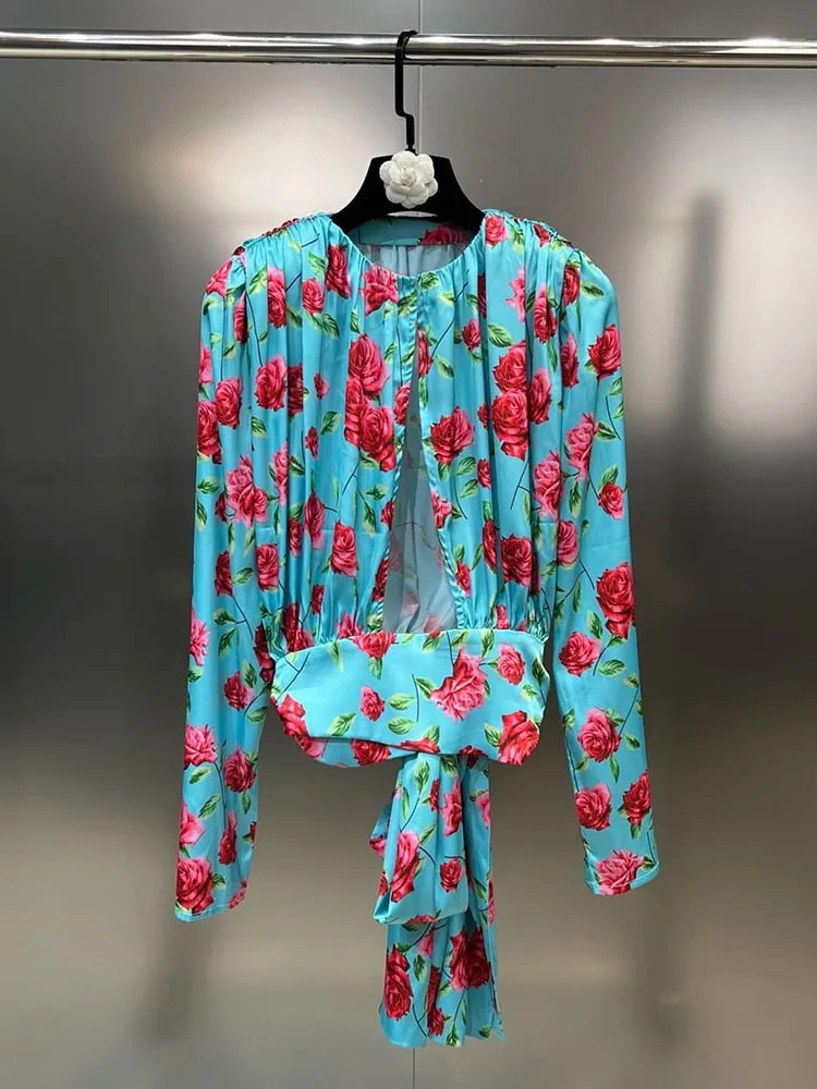 Ashore Boutique O-neck Hollow Out Designer Flower Print Shirt Women's 3D Floral Slim Pants Female 2023 Summer New