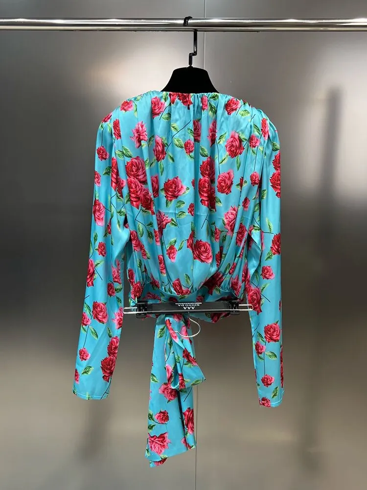 Ashore Boutique O-neck Hollow Out Designer Flower Print Shirt Women's 3D Floral Slim Pants Female 2023 Summer New