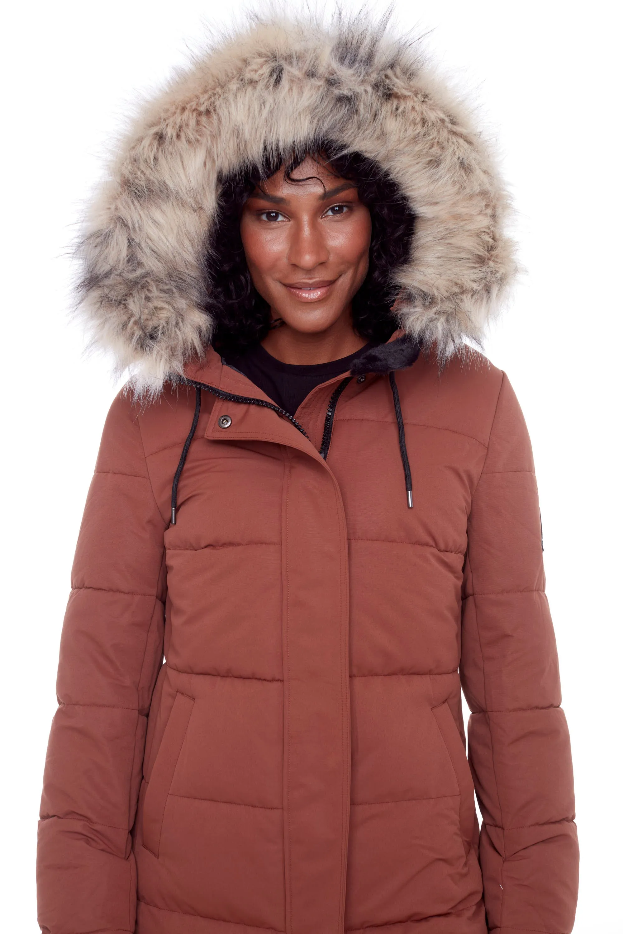 AULAVIK | WOMEN'S VEGAN DOWN (RECYCLED) MID-LENGTH HOODED PARKA COAT, MAPLE