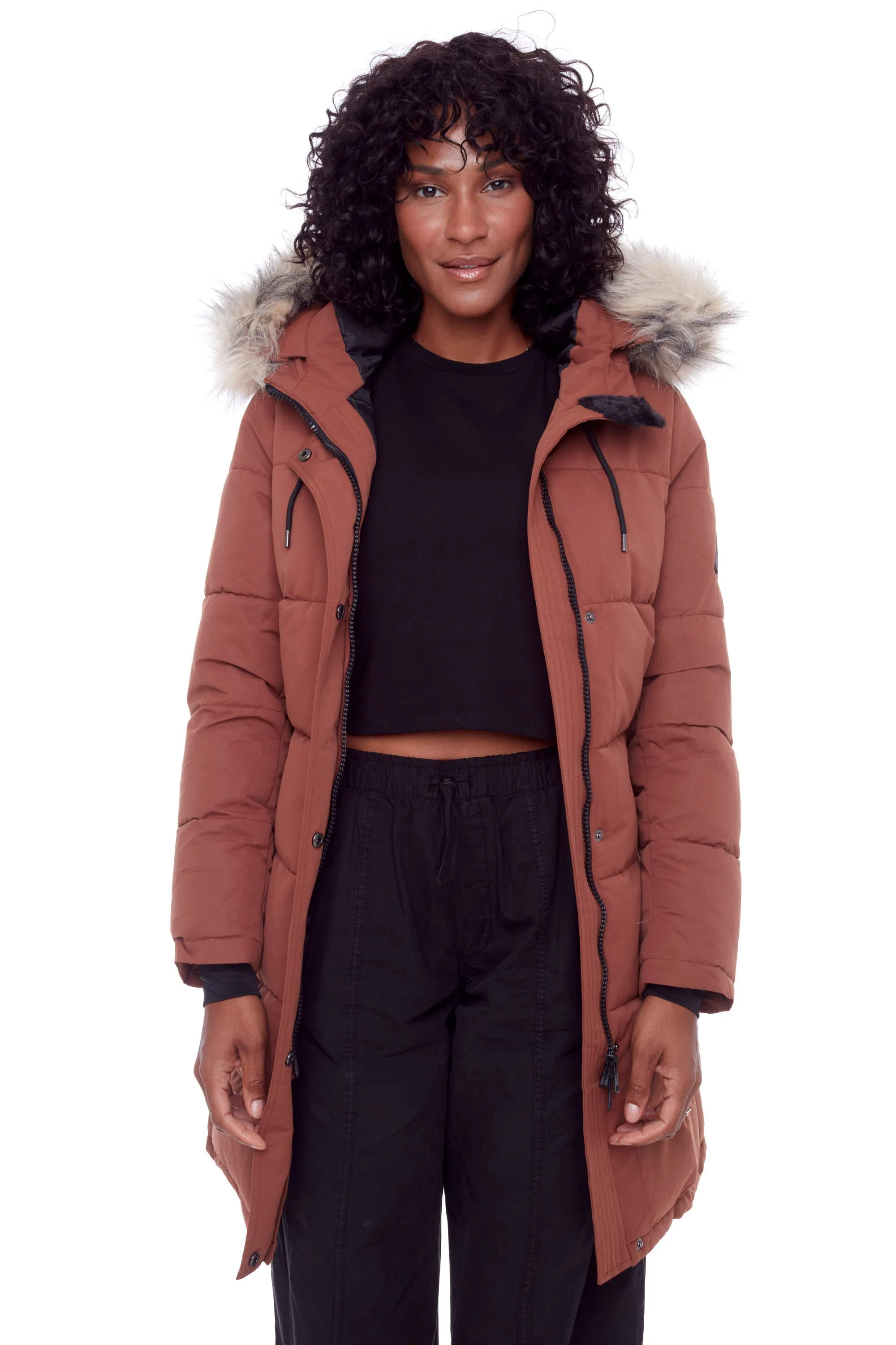 AULAVIK | WOMEN'S VEGAN DOWN (RECYCLED) MID-LENGTH HOODED PARKA COAT, MAPLE