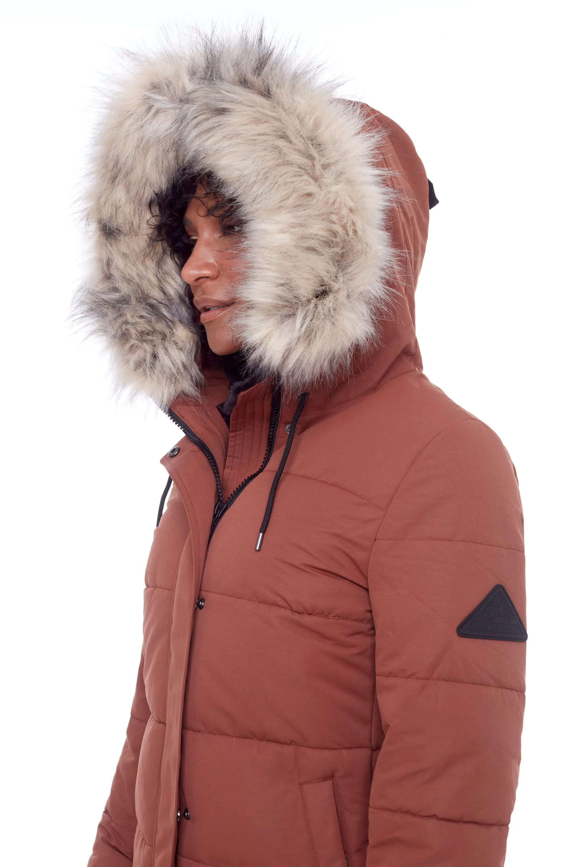 AULAVIK | WOMEN'S VEGAN DOWN (RECYCLED) MID-LENGTH HOODED PARKA COAT, MAPLE