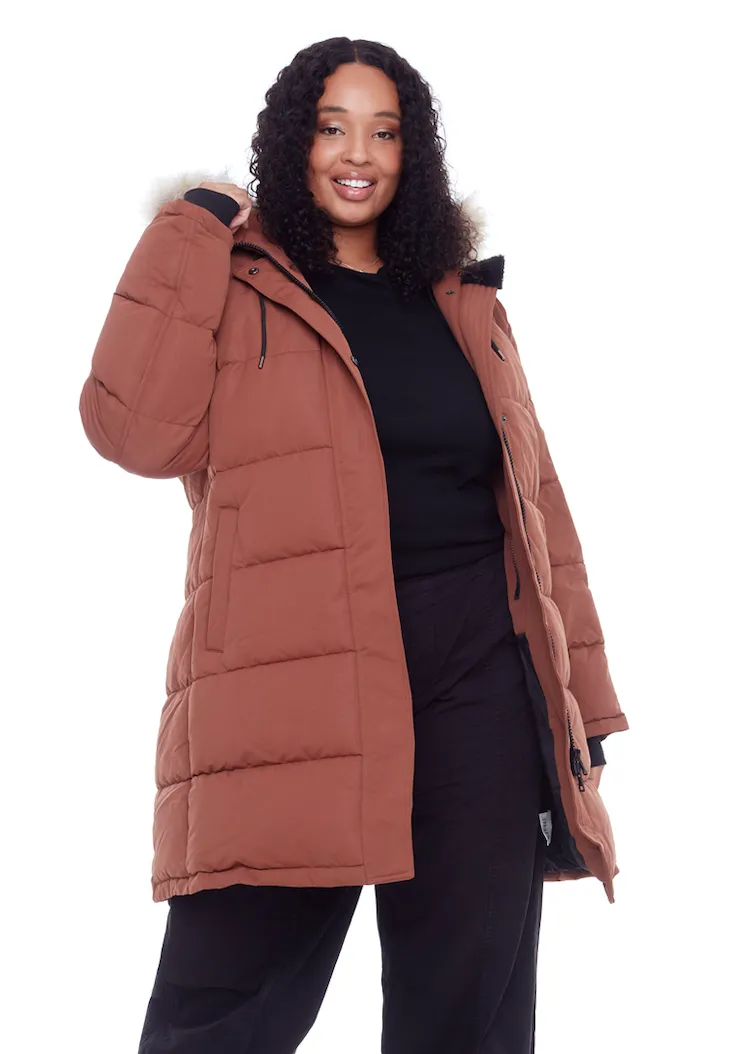 AULAVIK PLUS | WOMEN'S VEGAN DOWN (RECYCLED) MID-LENGTH HOODED PARKA COAT, MAPLE (PLUS SIZE)