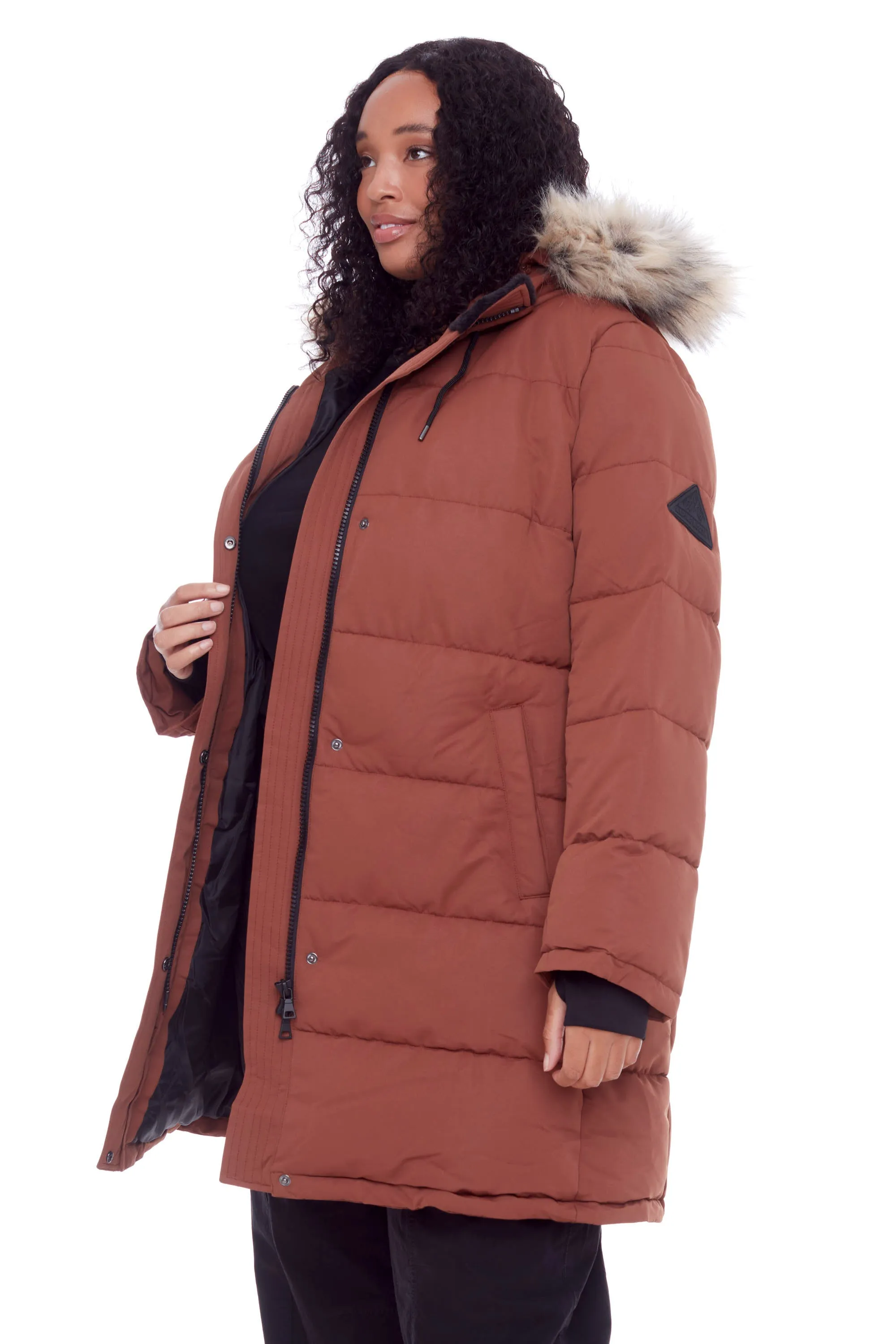 AULAVIK PLUS | WOMEN'S VEGAN DOWN (RECYCLED) MID-LENGTH HOODED PARKA COAT, MAPLE (PLUS SIZE)