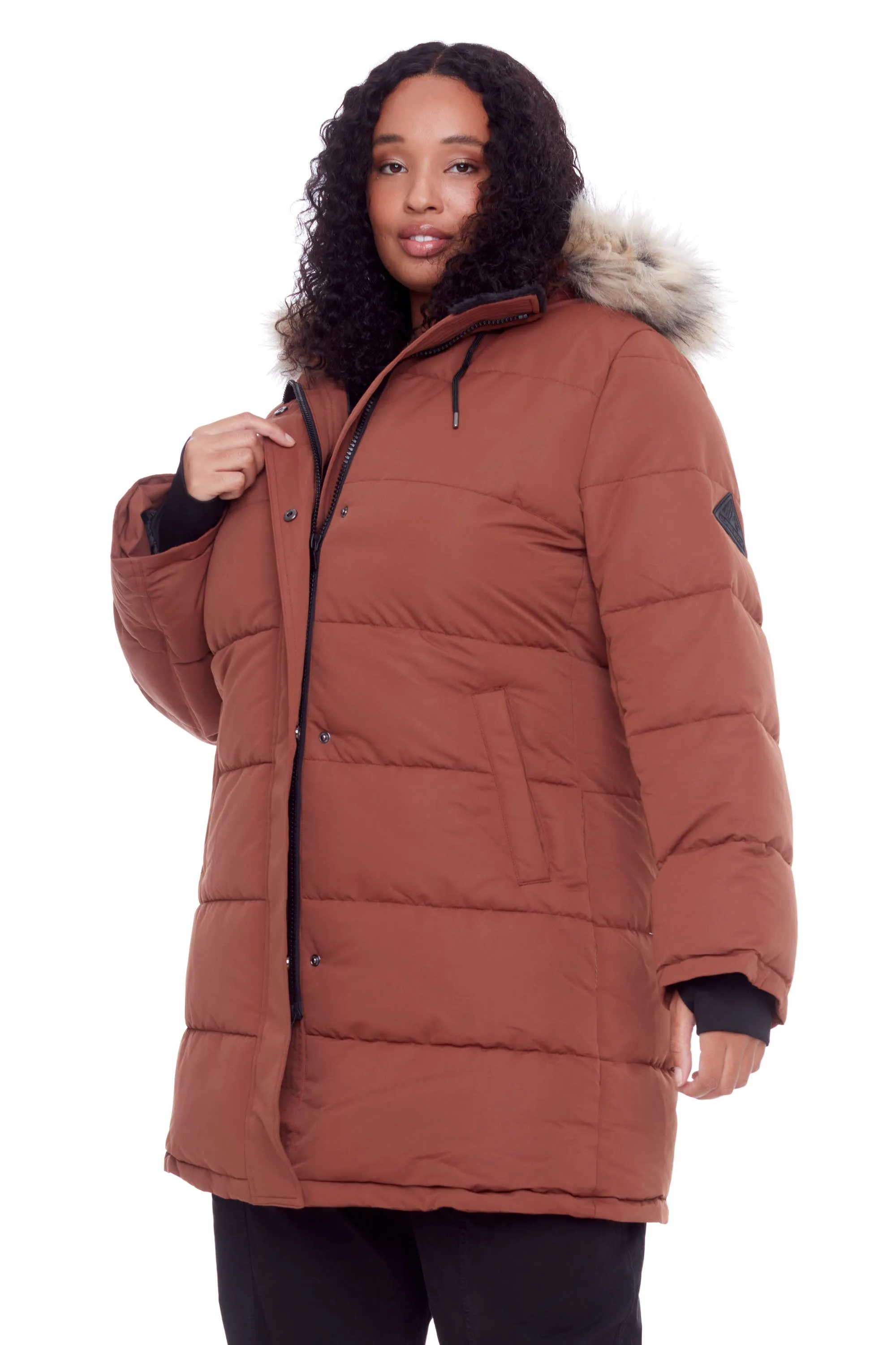 AULAVIK PLUS | WOMEN'S VEGAN DOWN (RECYCLED) MID-LENGTH HOODED PARKA COAT, MAPLE (PLUS SIZE)