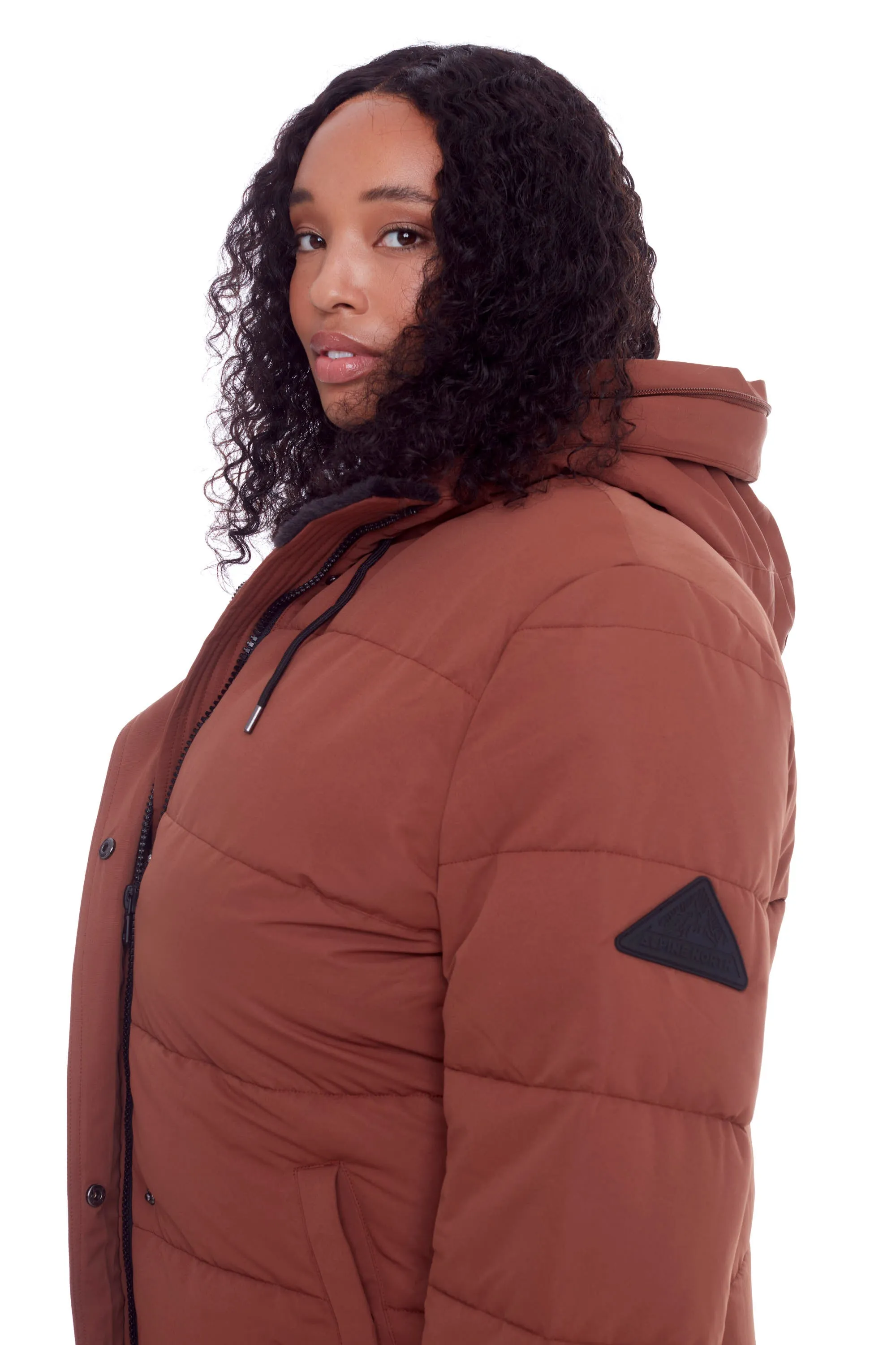 AULAVIK PLUS | WOMEN'S VEGAN DOWN (RECYCLED) MID-LENGTH HOODED PARKA COAT, MAPLE (PLUS SIZE)