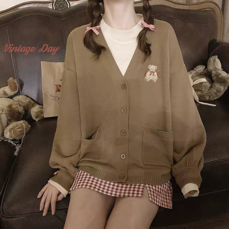 Bear embroidery cardigan sweater