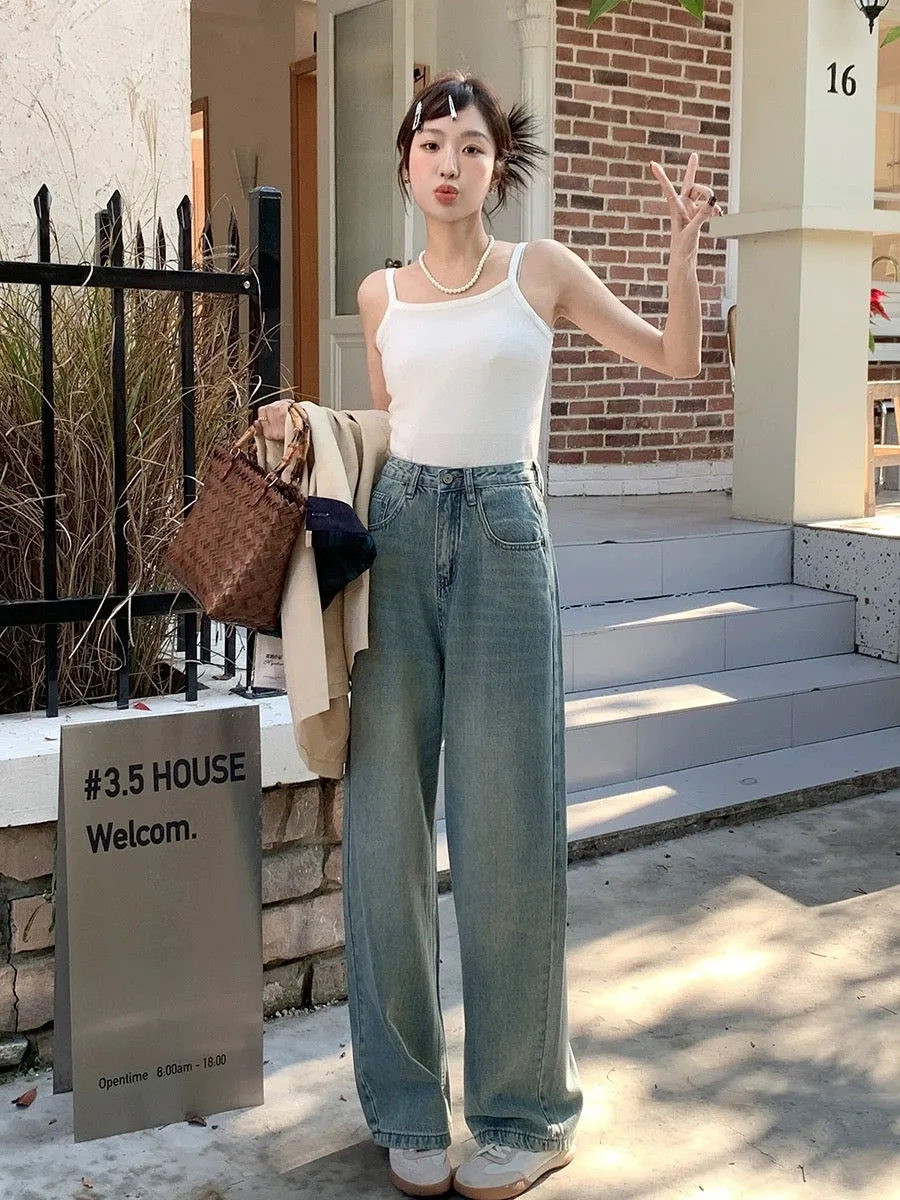 Blin's High Waisted Wide Leg Jeans Women's Spring and Autumn New Light Color Slim Versatile Drape Retro Floor-Mapping Straight L