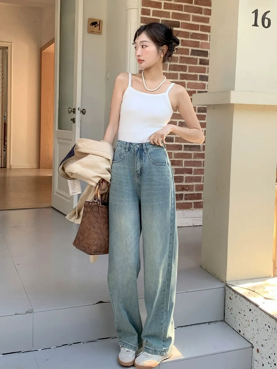 Blin's High Waisted Wide Leg Jeans Women's Spring and Autumn New Light Color Slim Versatile Drape Retro Floor-Mapping Straight L