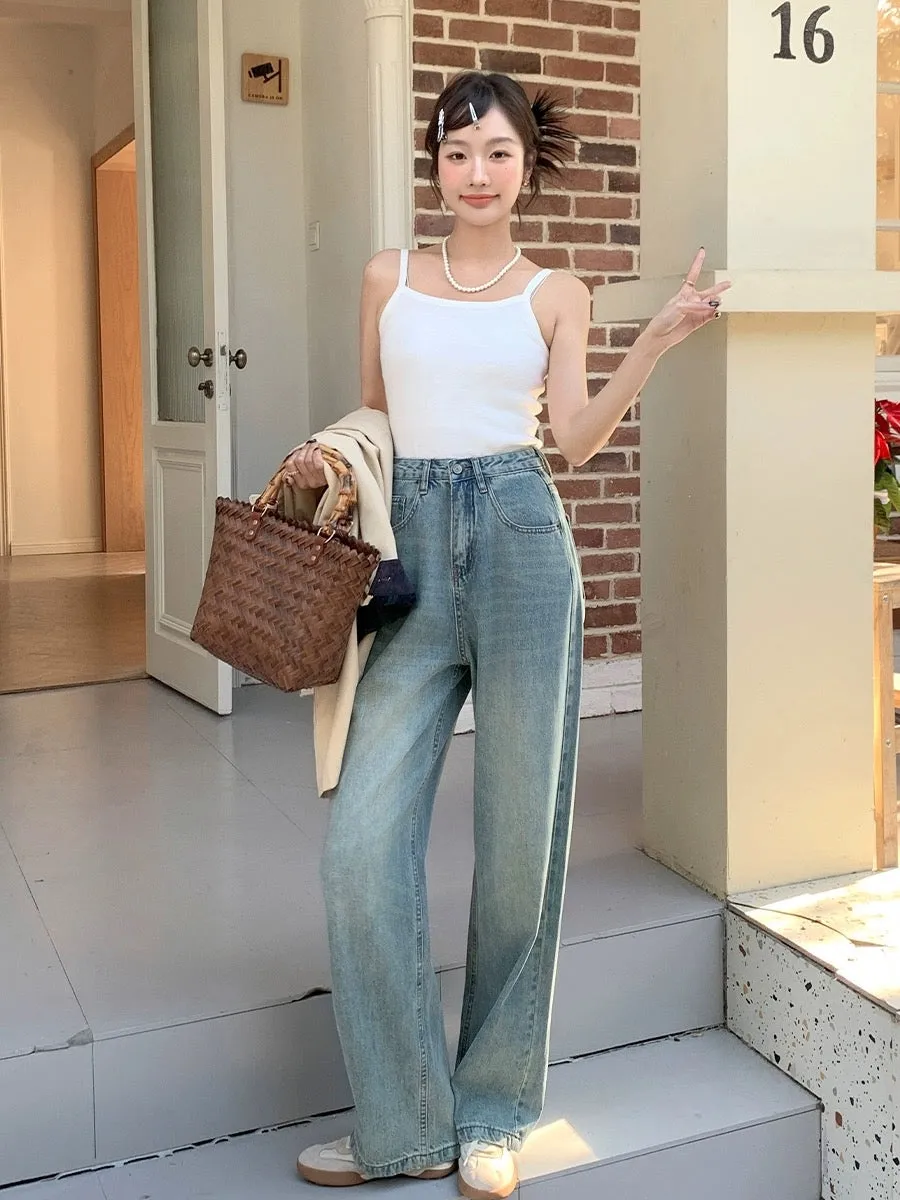 Blin's High Waisted Wide Leg Jeans Women's Spring and Autumn New Light Color Slim Versatile Drape Retro Floor-Mapping Straight L