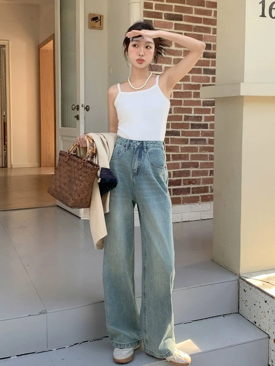 Blin's High Waisted Wide Leg Jeans Women's Spring and Autumn New Light Color Slim Versatile Drape Retro Floor-Mapping Straight L