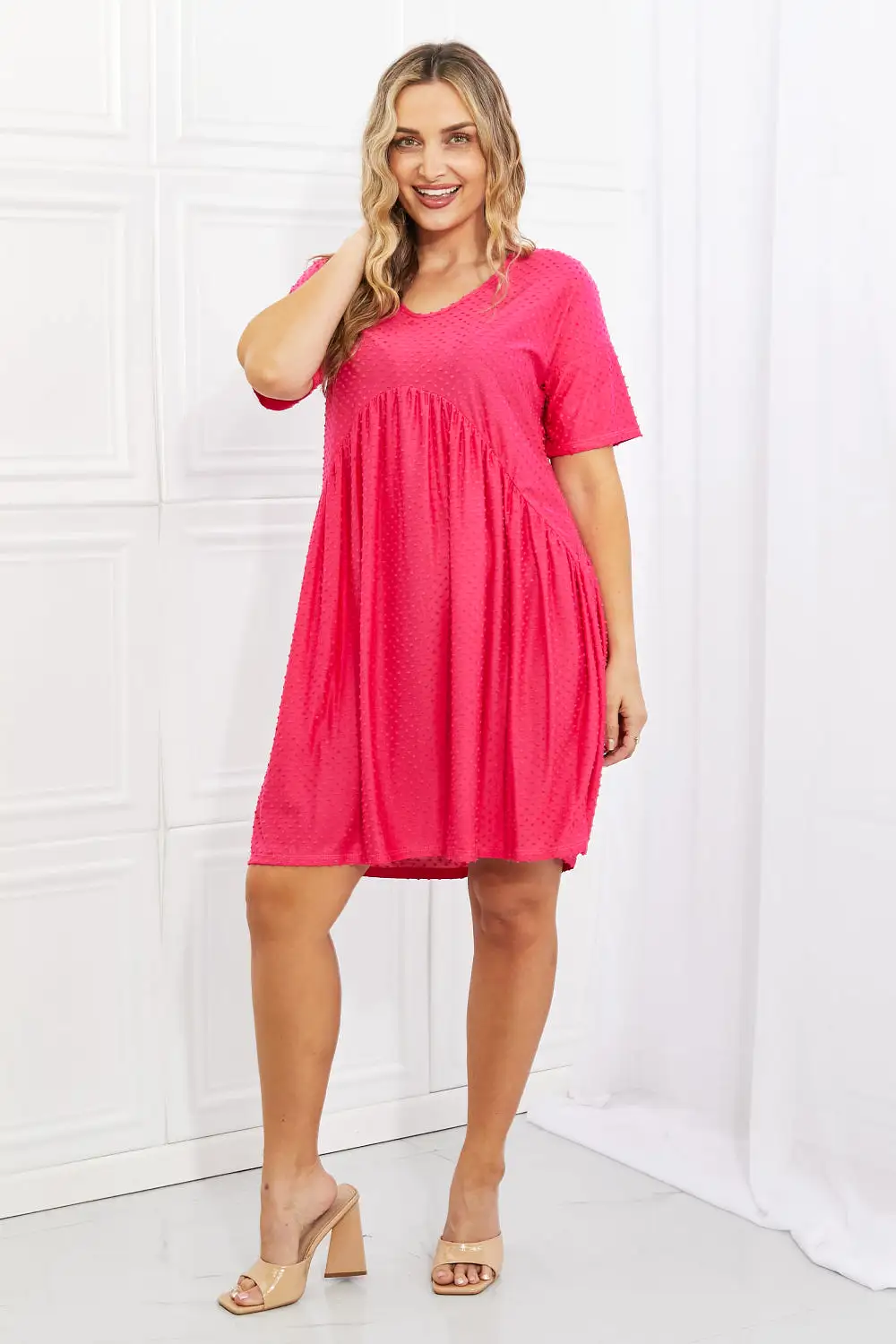 BOMBOM Another Day Swiss Dot Casual Dress in Fuchsia