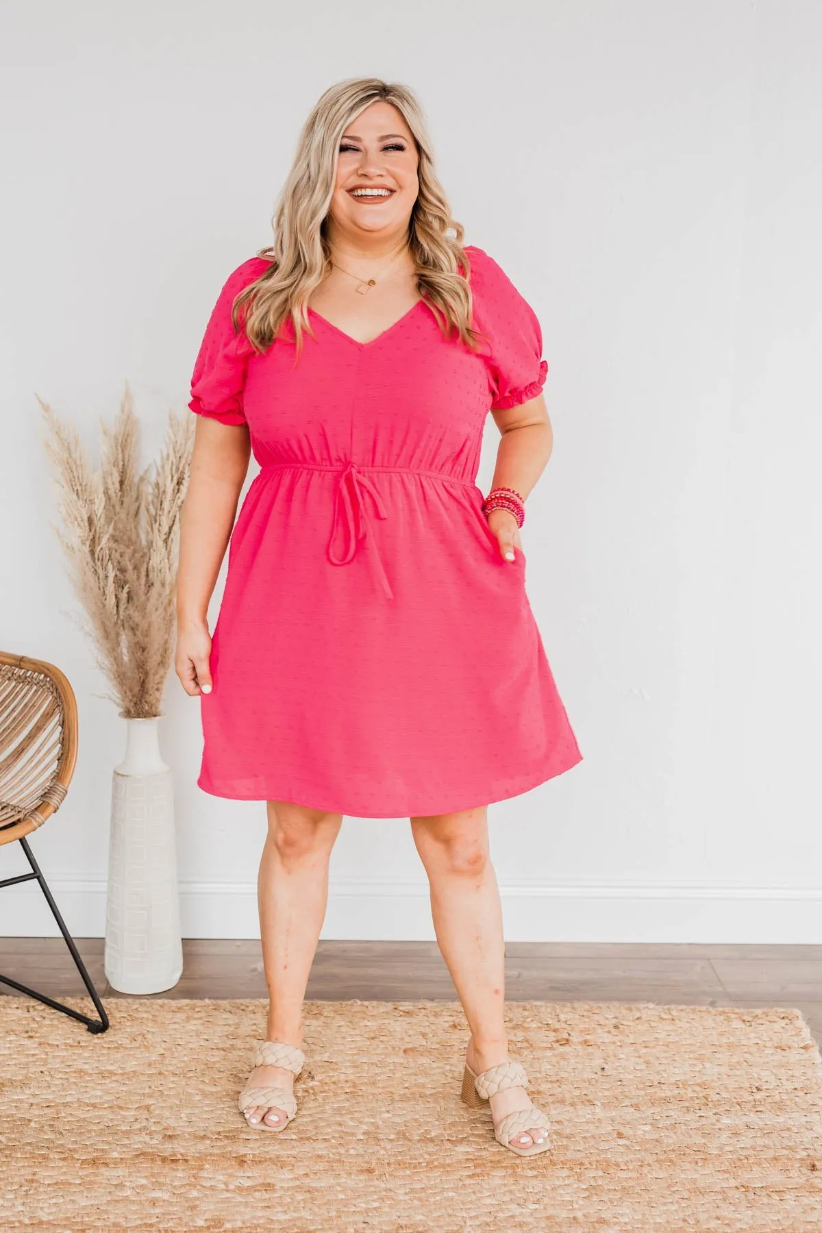 Brightly Shining Swiss Dot Dress- Hot Pink