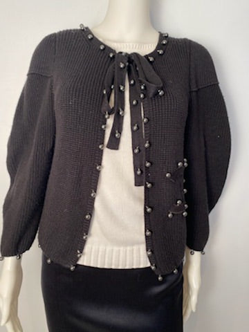 Chanel 09P 2009 Spring black CC logo knit silk cardigan with grey pearls FR 36 US 4