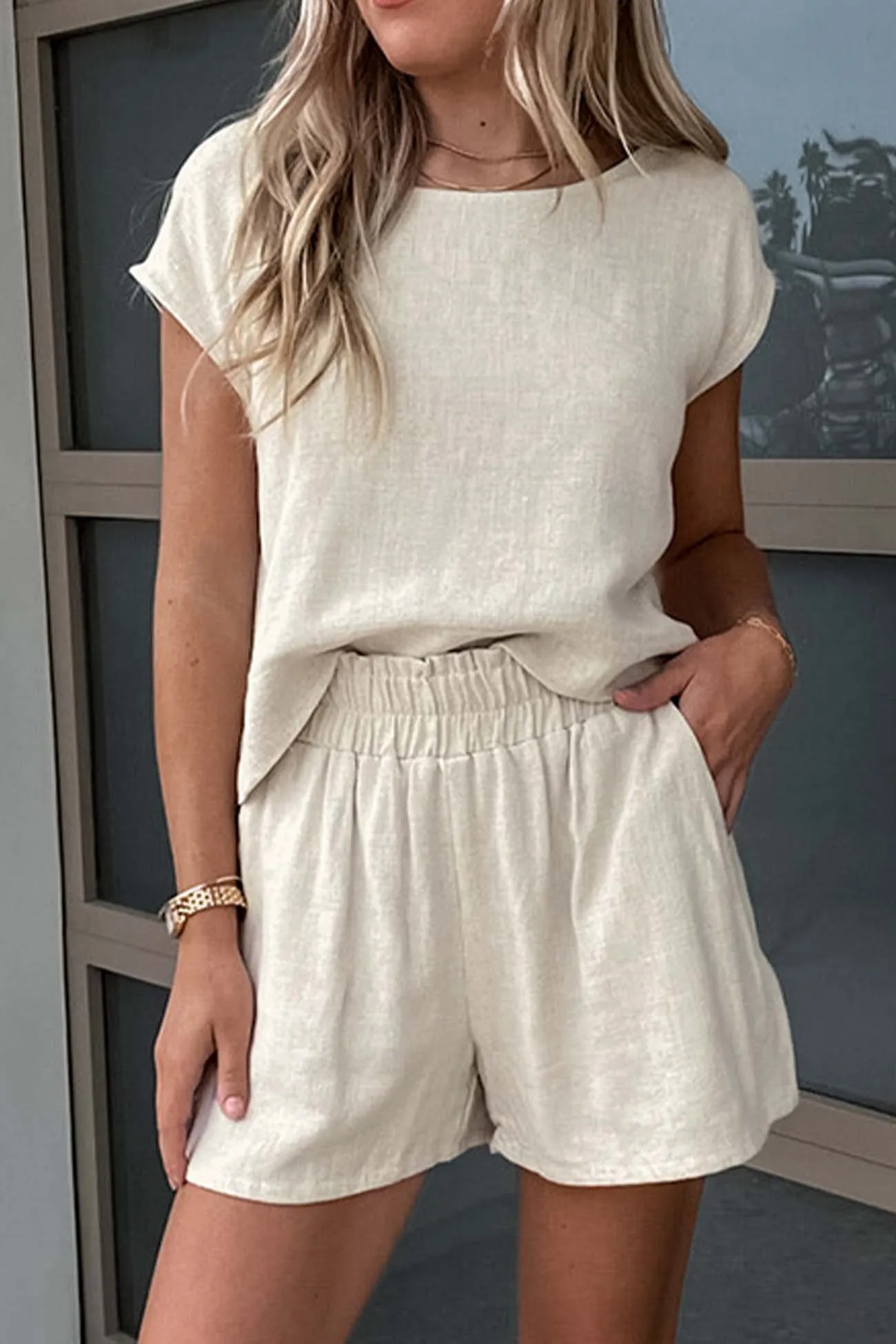 Cotton Linen Cap Sleeve Shorts Two Piece Set