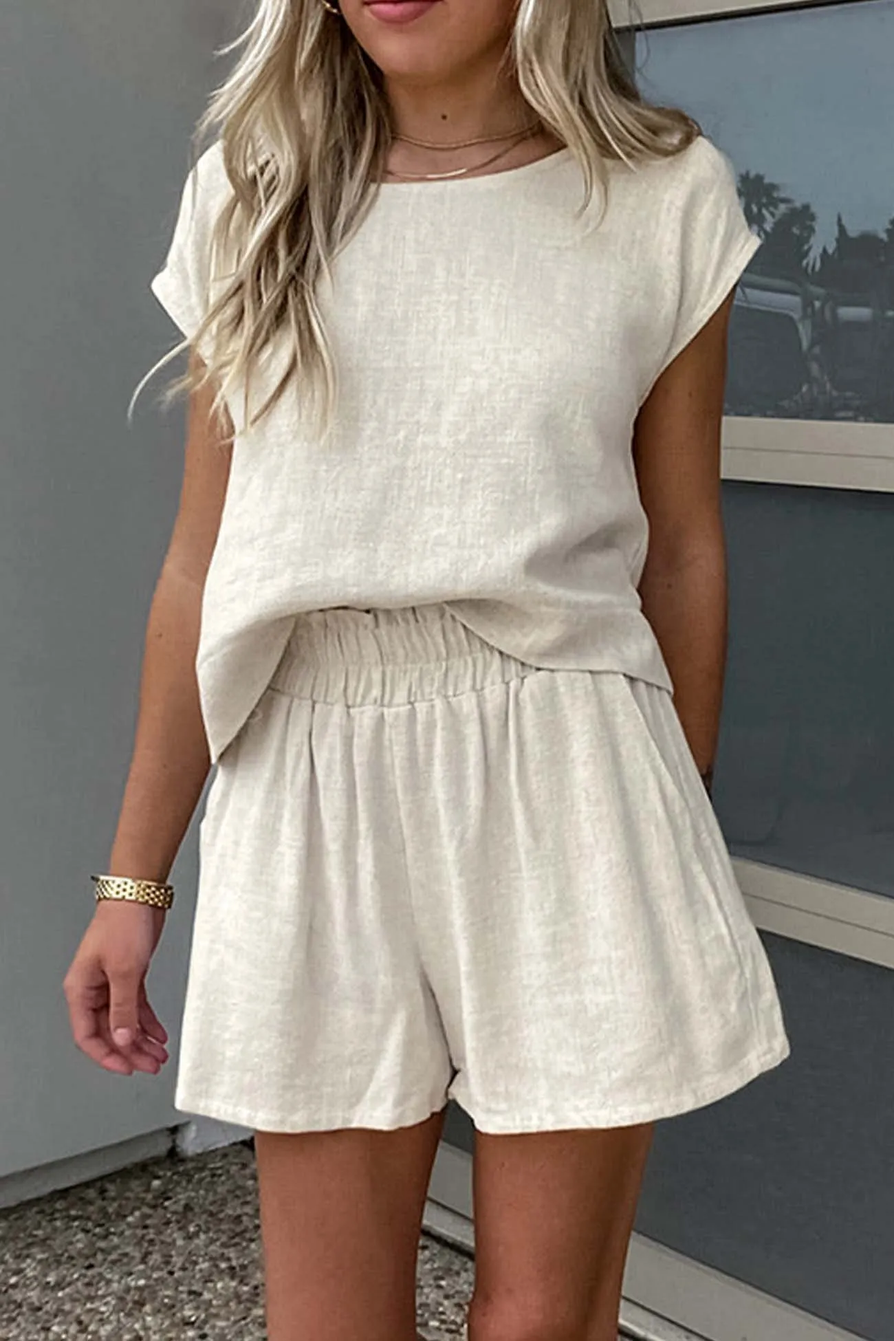 Cotton Linen Cap Sleeve Shorts Two Piece Set