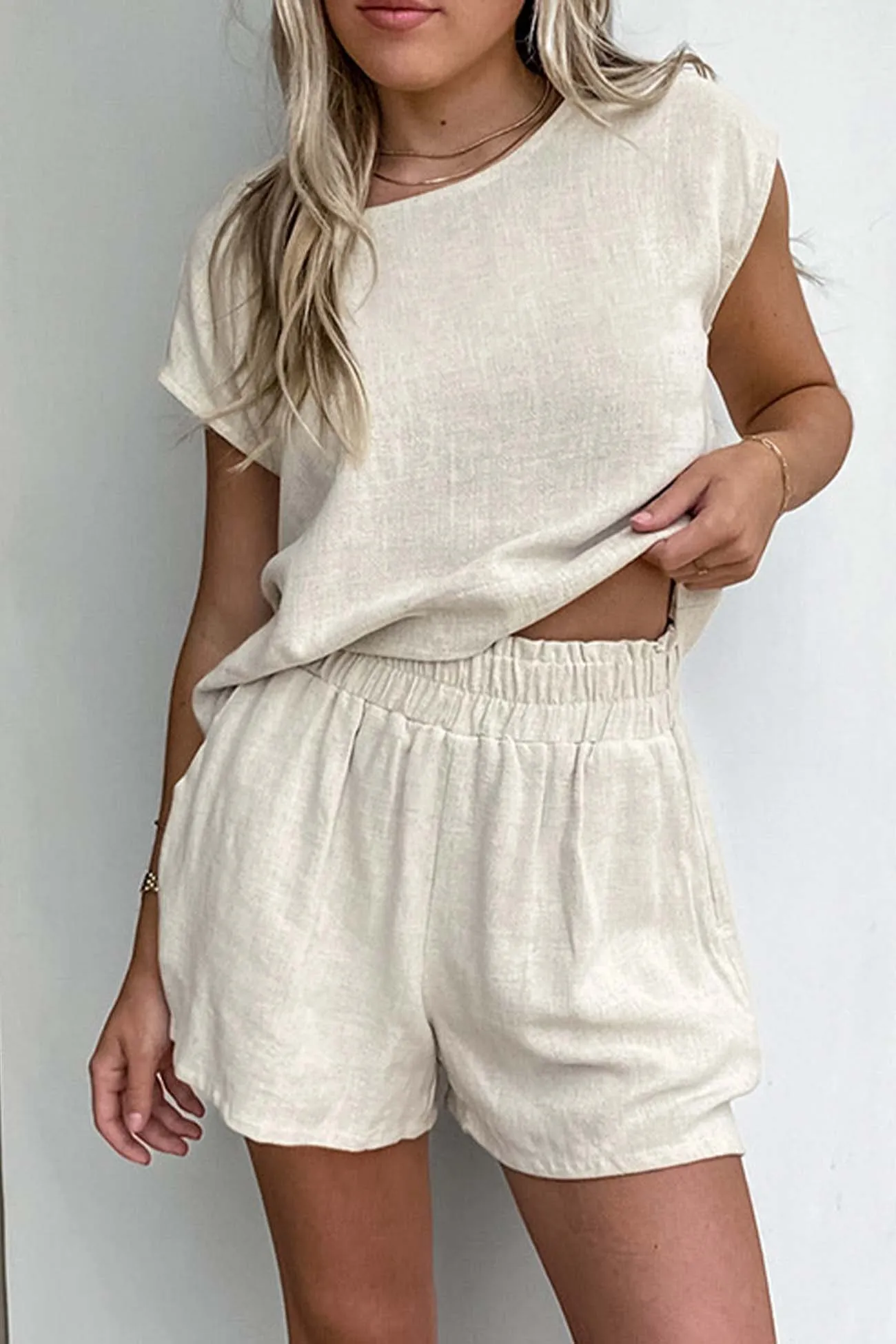 Cotton Linen Cap Sleeve Shorts Two Piece Set