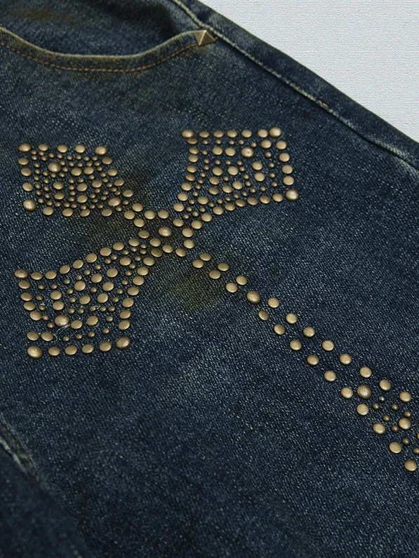 Cross Studs Stretch Washed Distressed Flare Jeans