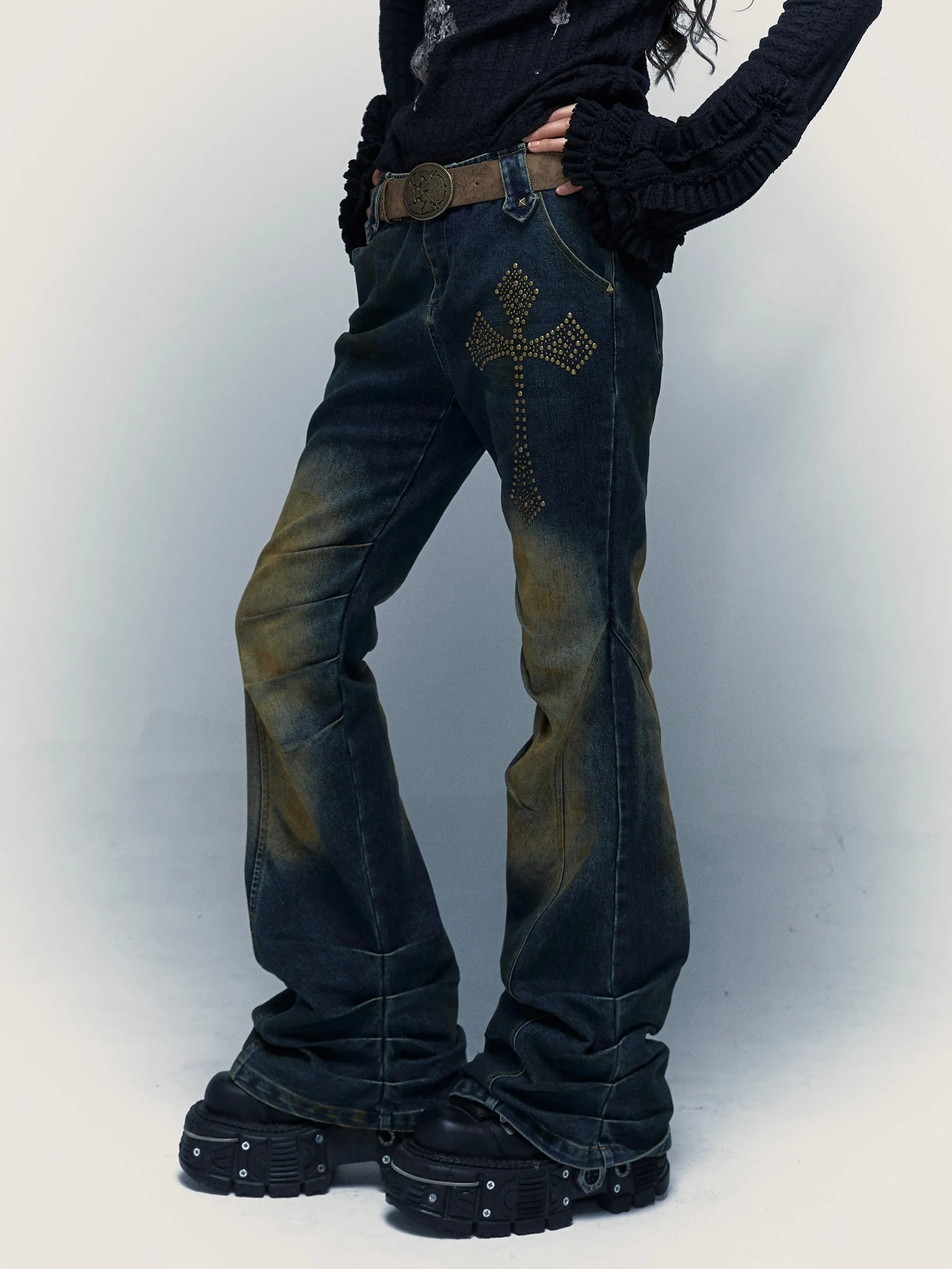 Cross Studs Stretch Washed Distressed Flare Jeans