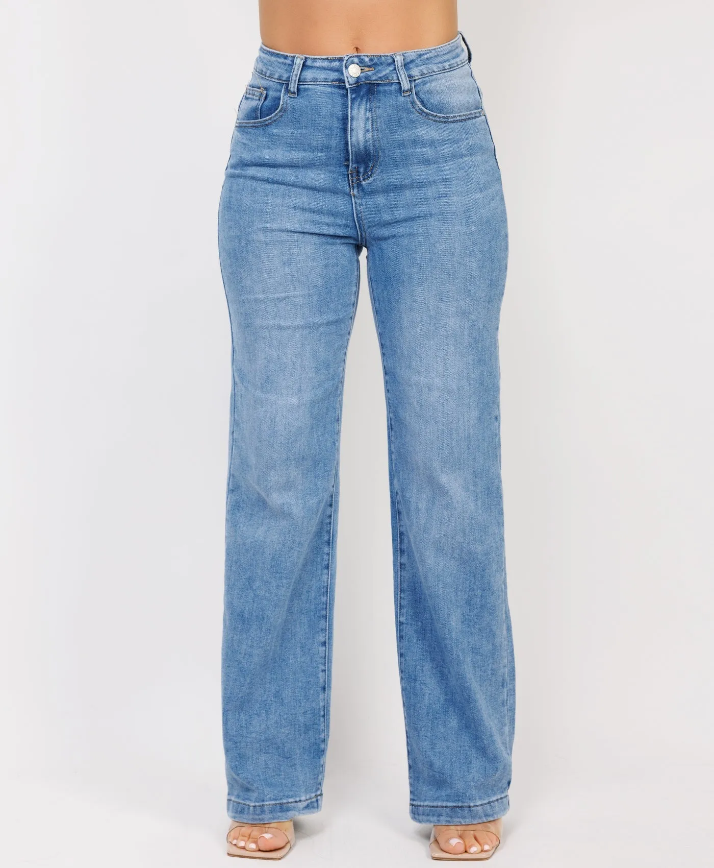 Denim Blue Mid Waisted Straight Loose Stretchy Jeans