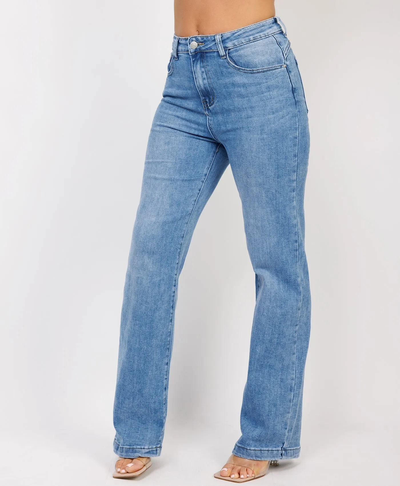 Denim Blue Mid Waisted Straight Loose Stretchy Jeans