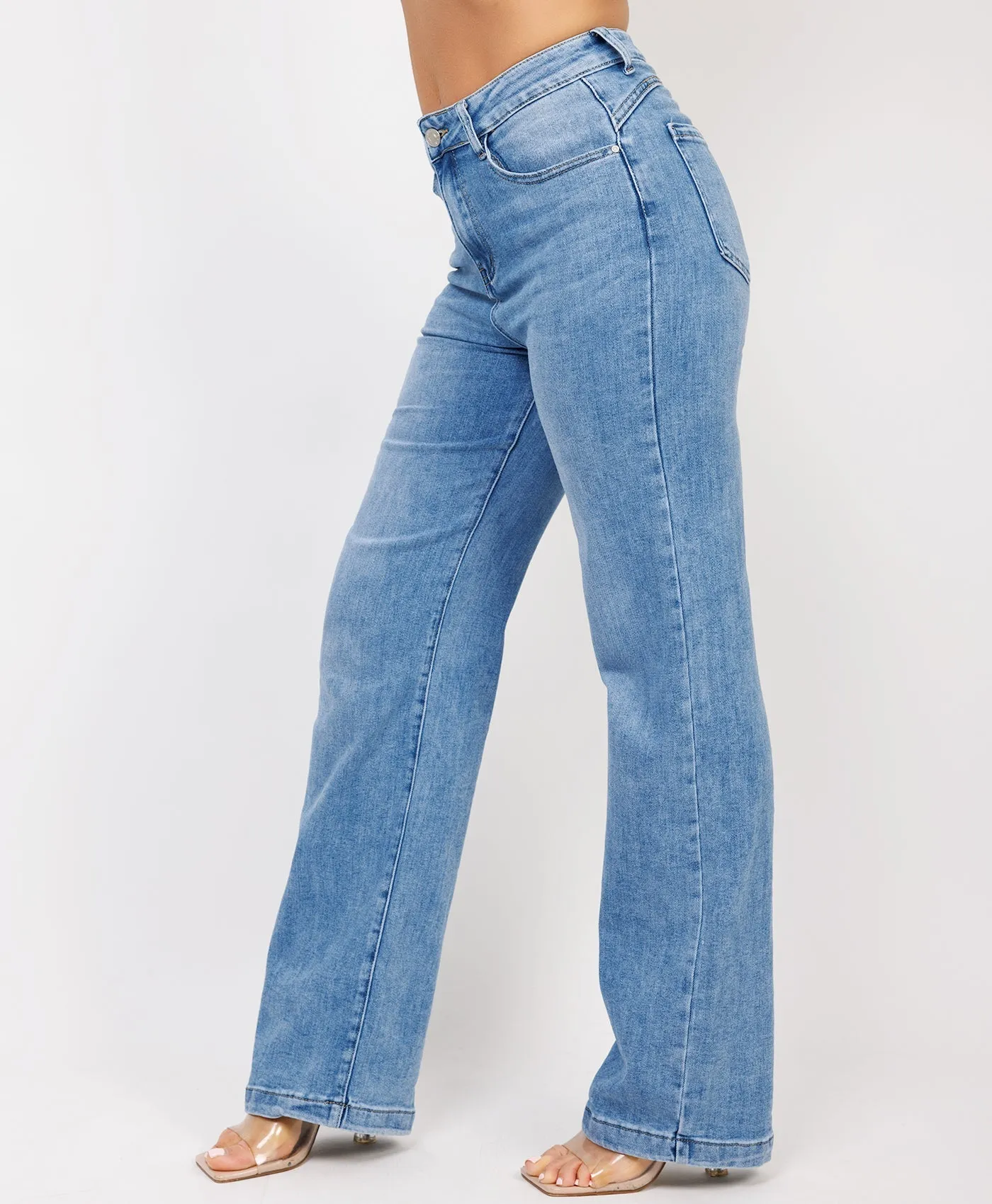 Denim Blue Mid Waisted Straight Loose Stretchy Jeans