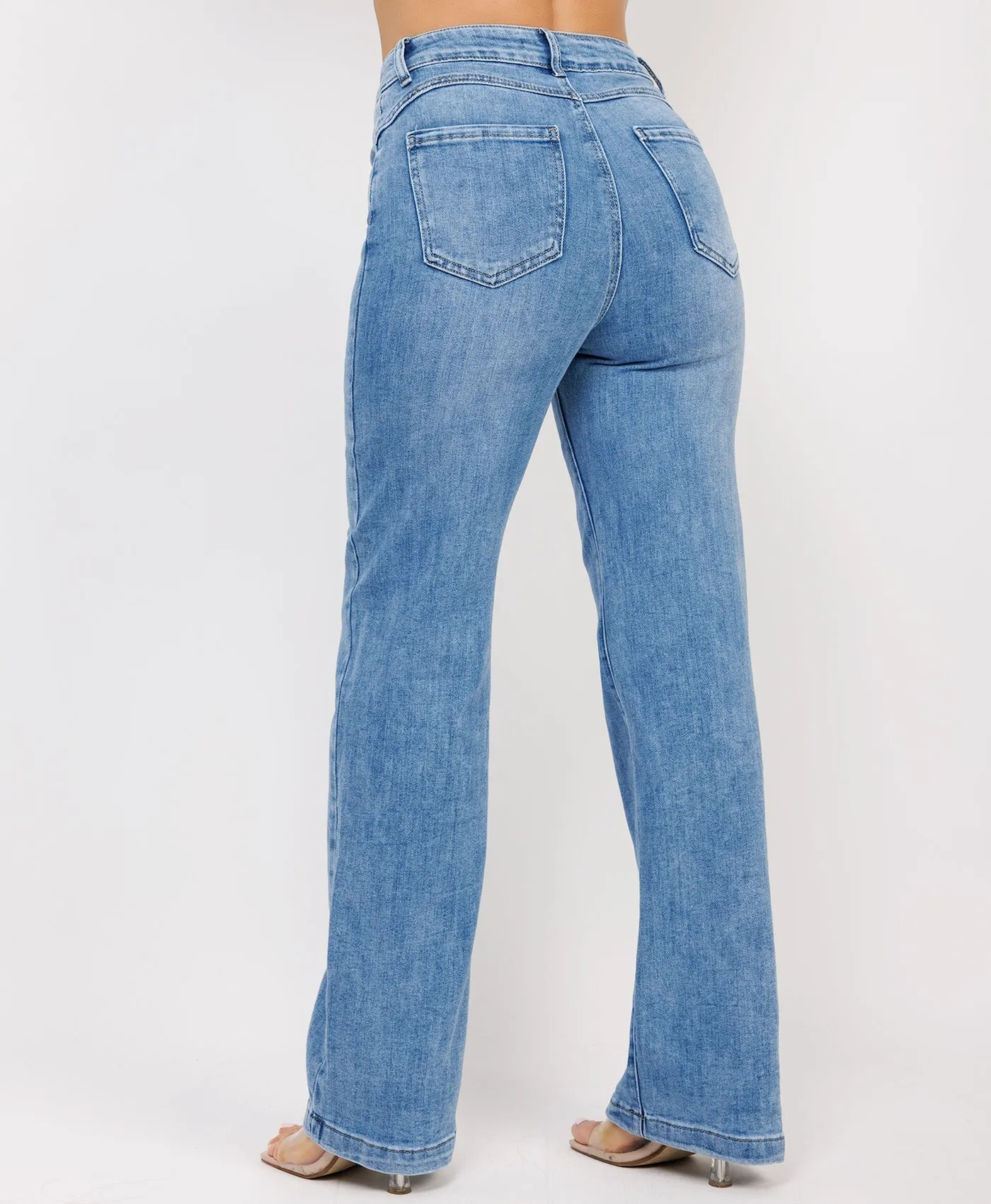 Denim Blue Mid Waisted Straight Loose Stretchy Jeans