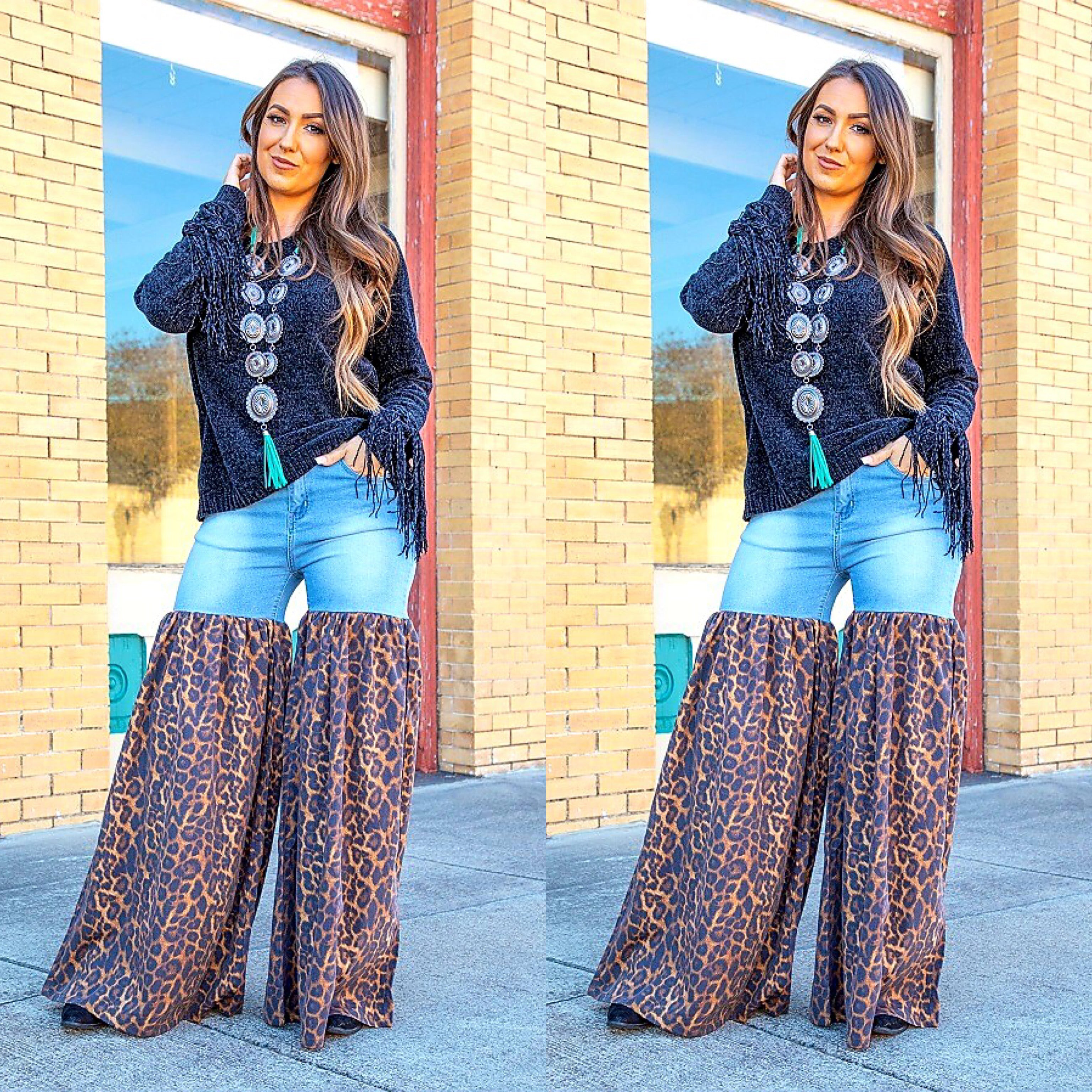 Distressed Light Denim Animal Print Palazzo Wide Leg Jeans