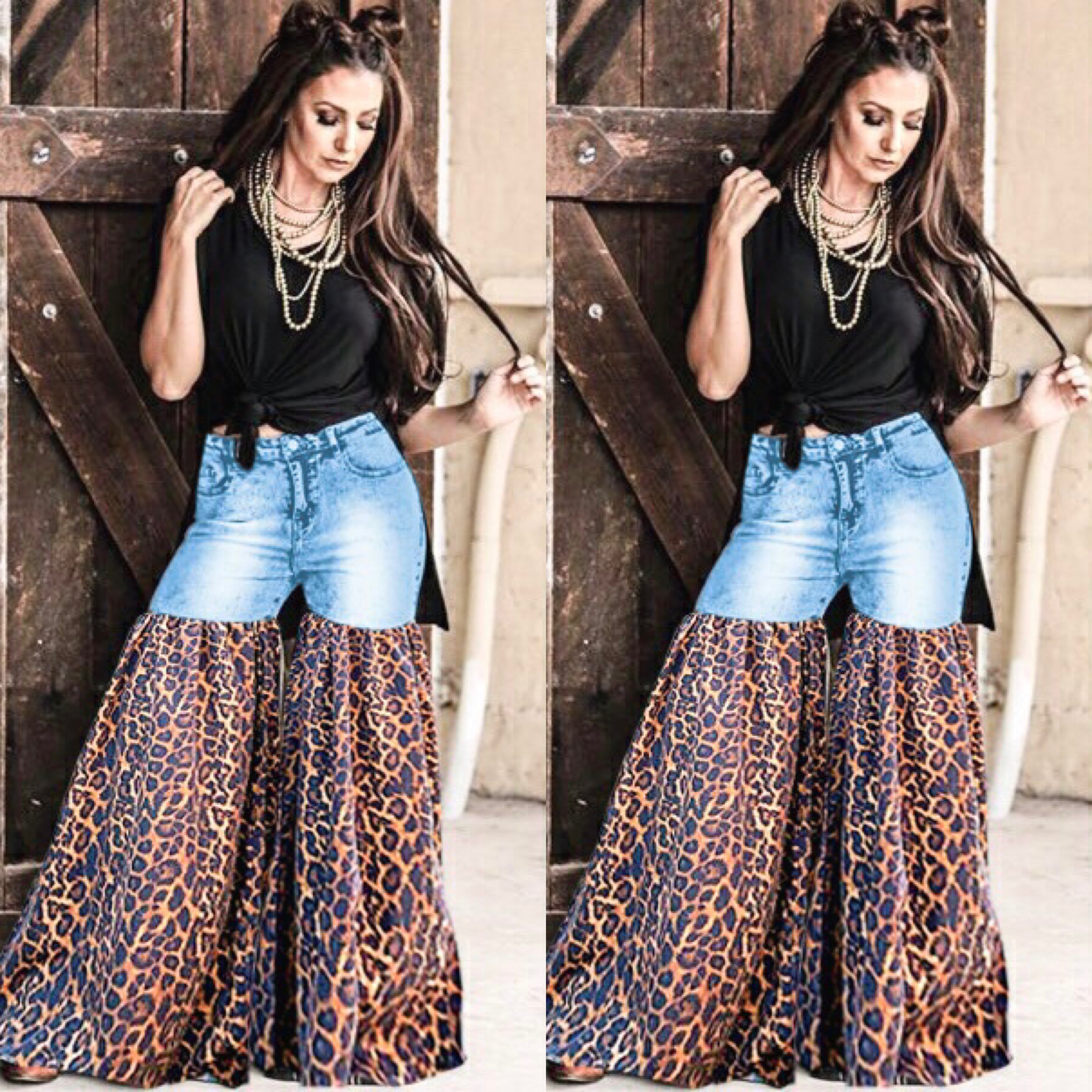 Distressed Light Denim Animal Print Palazzo Wide Leg Jeans