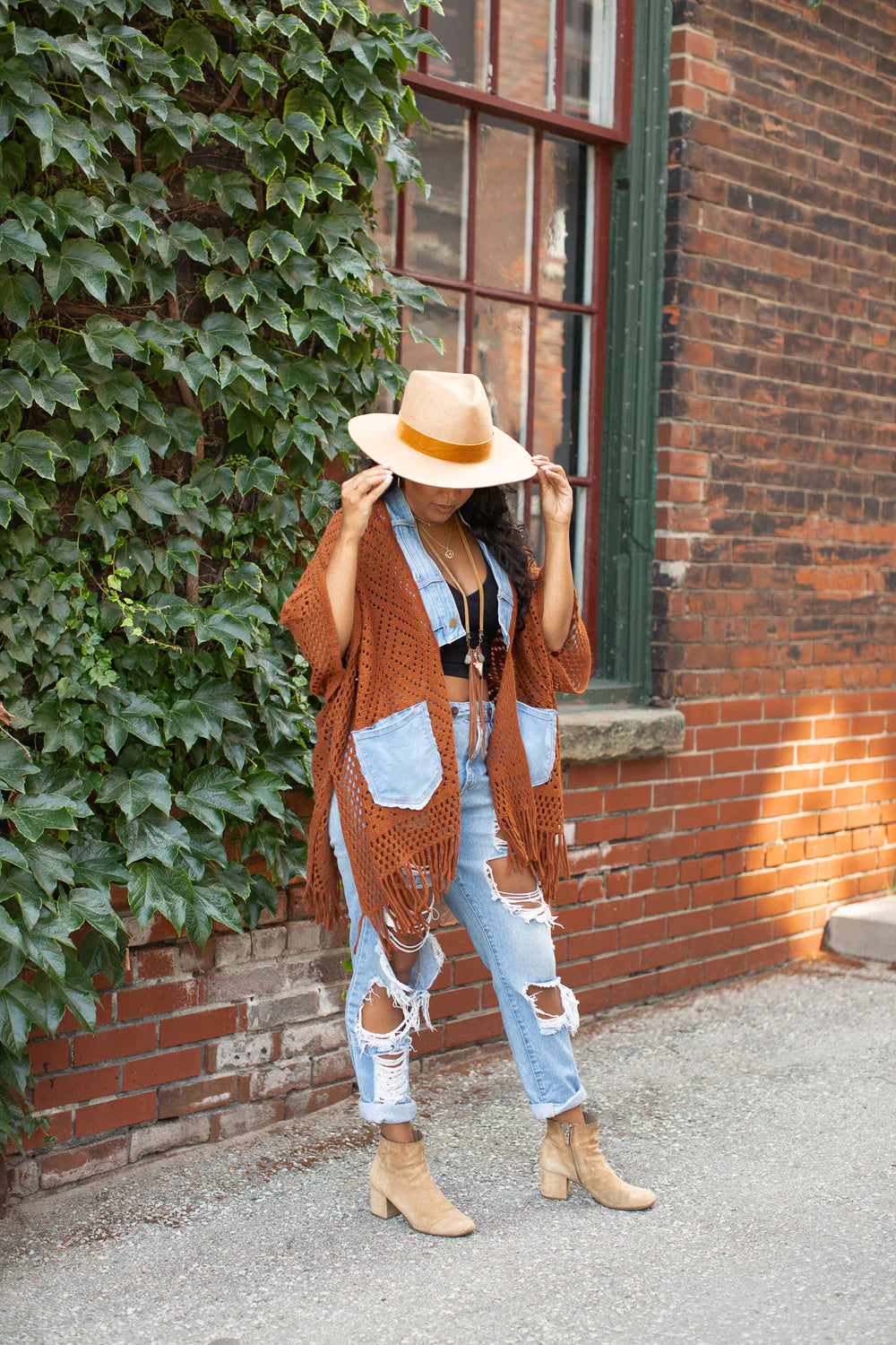 Dreamscape - Knit/Denim Duster - Rust w/ Light Denim