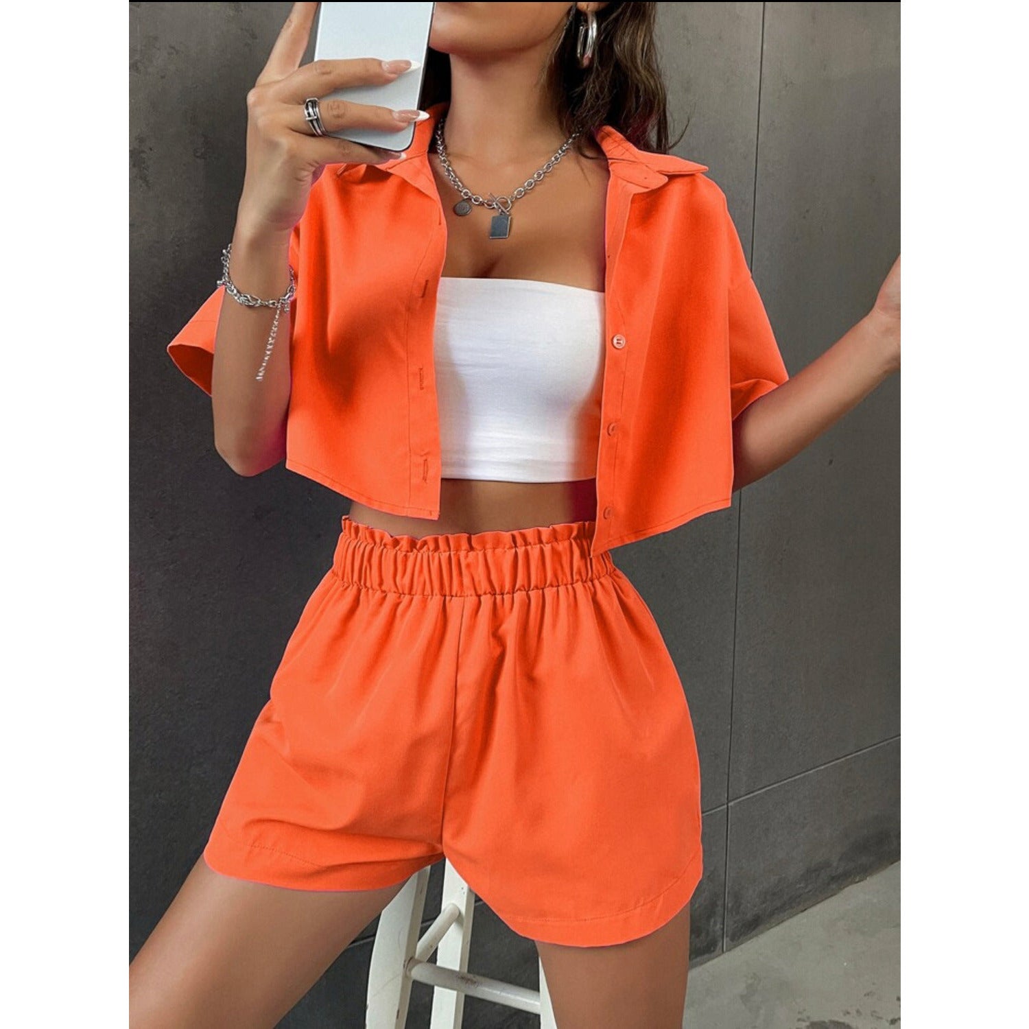 Drop Crop Blouse & High Waist Short Set