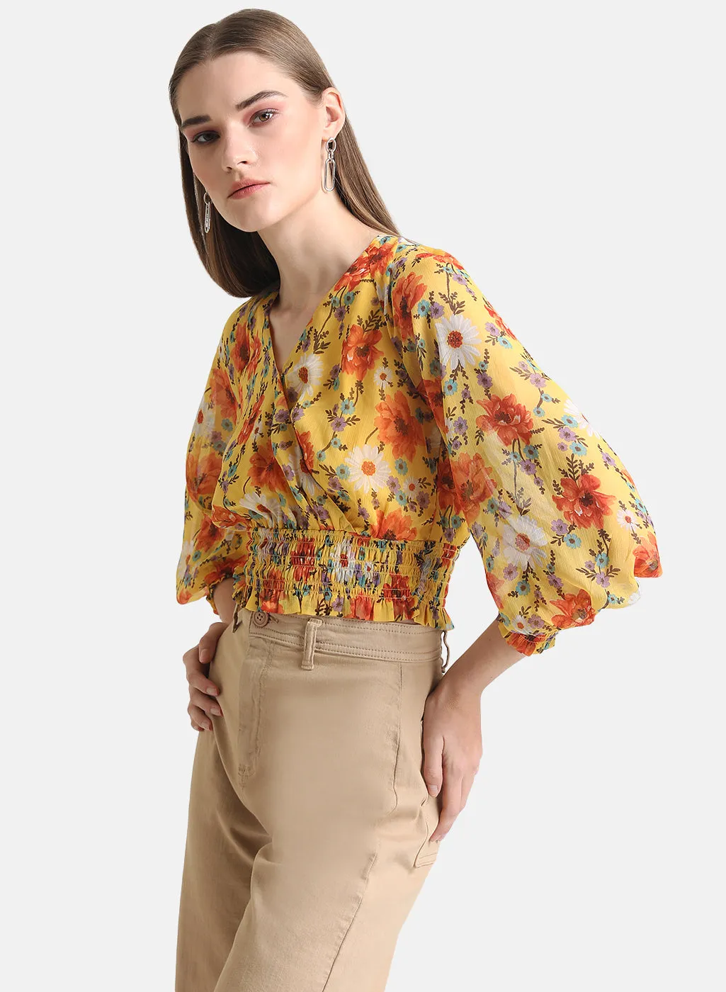 Floral Printed Top With Smocking Detail