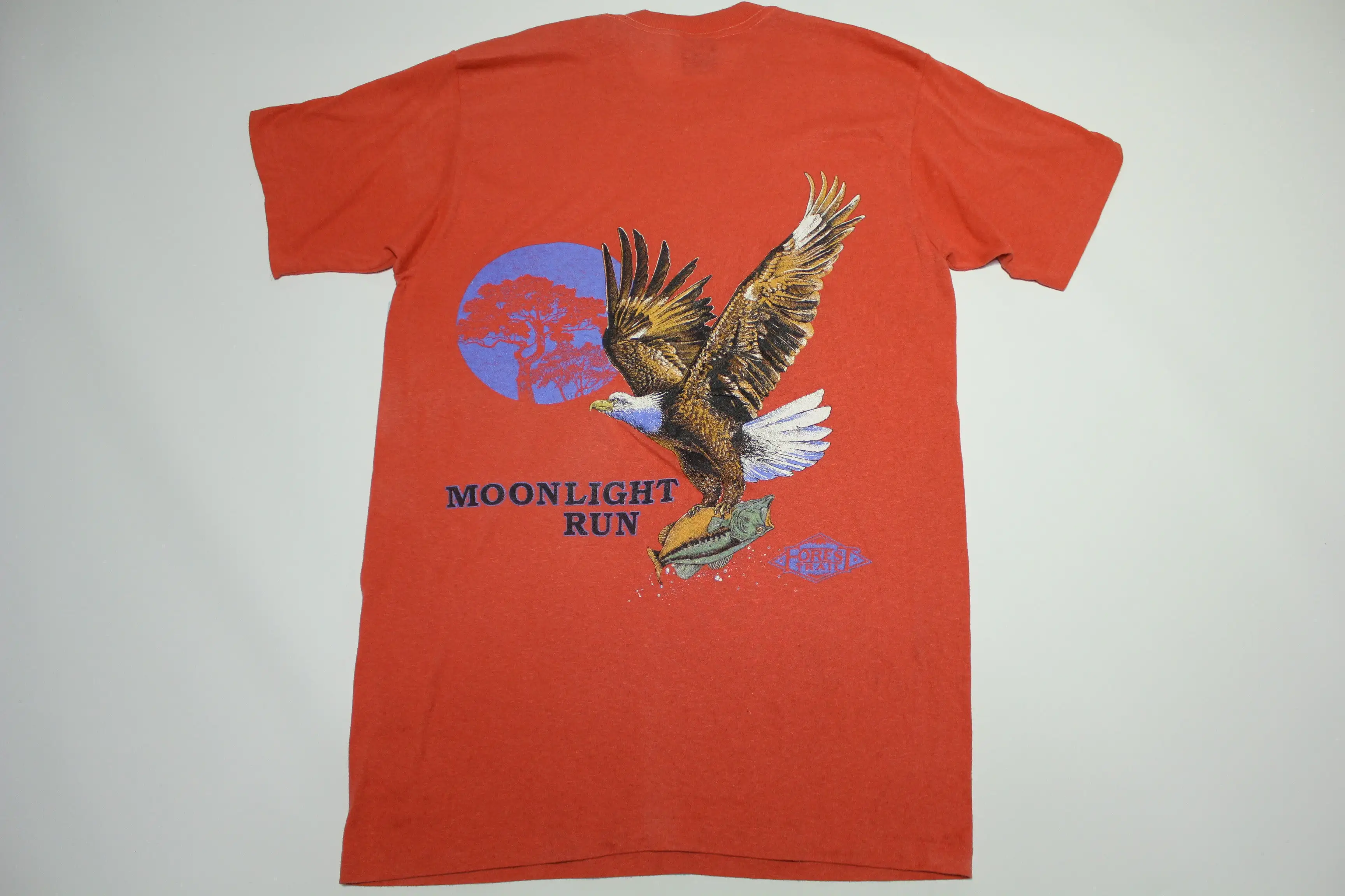 Forest Trail Moonlight Run Flying Eagle Big Bass Fish Vintage 80's USA Pocket T-Shirt