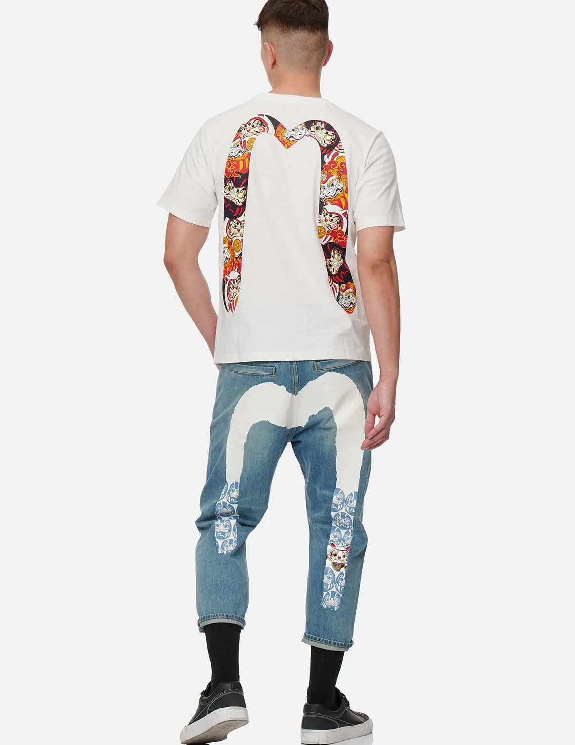 Fortune Cat and Daruma Daicock Print Cropped Fit Jeans #2027