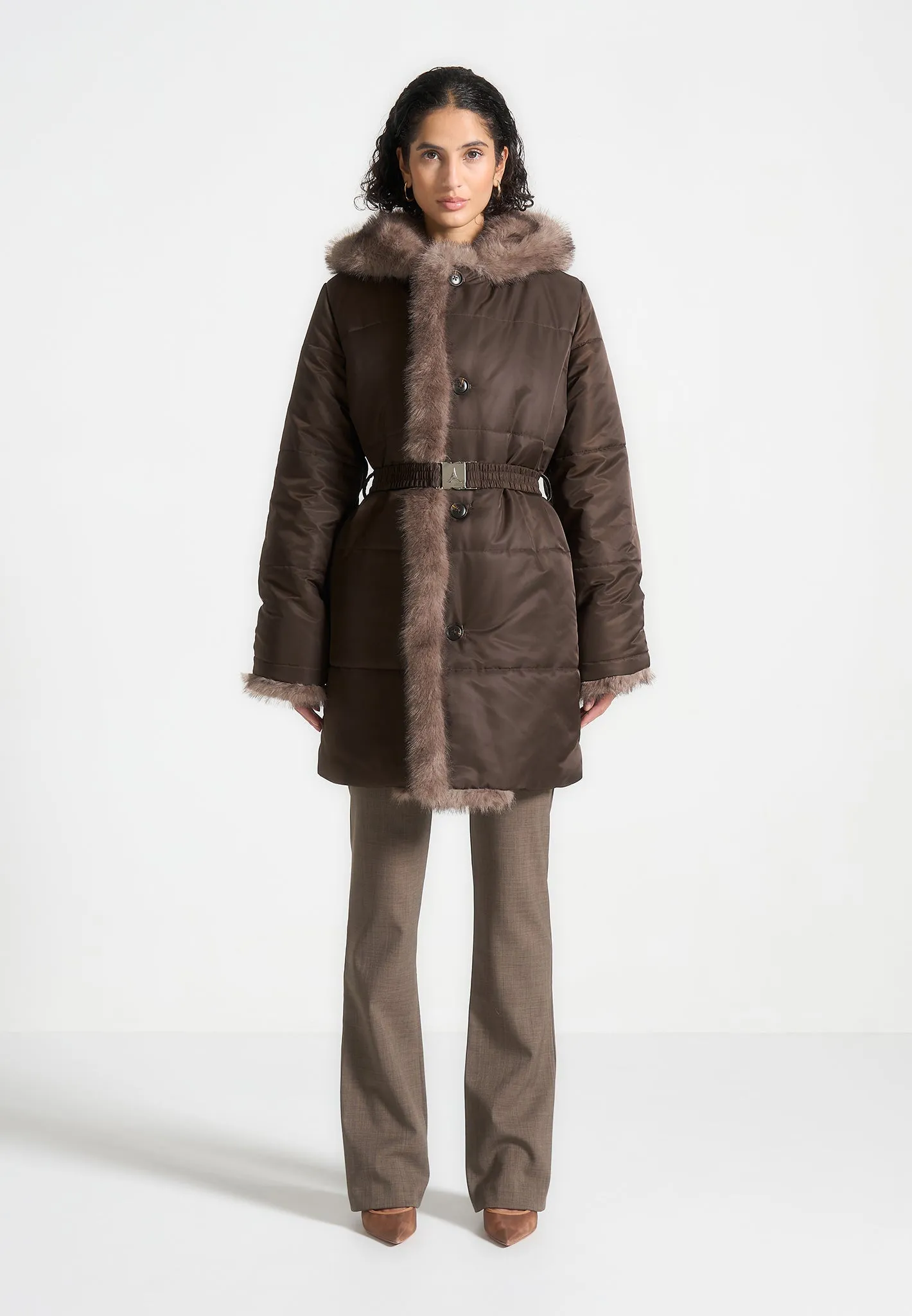 Fur Longline Belted Coat - Brown