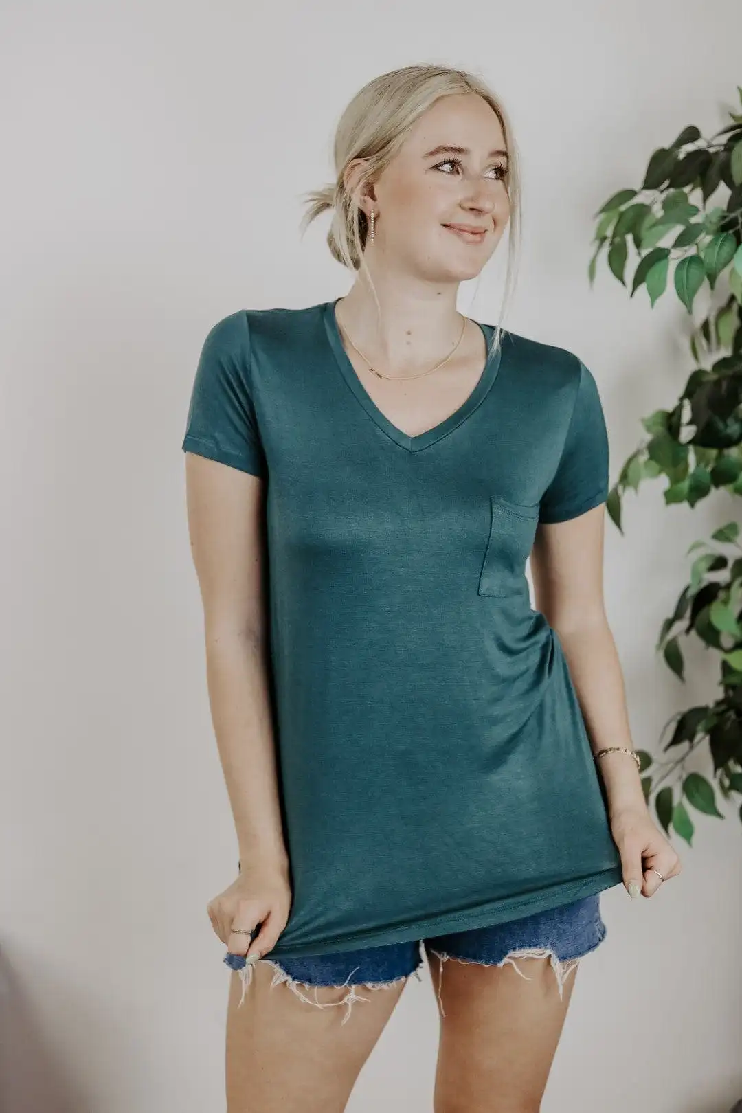 Green Basic V-Neck Pocket Tee