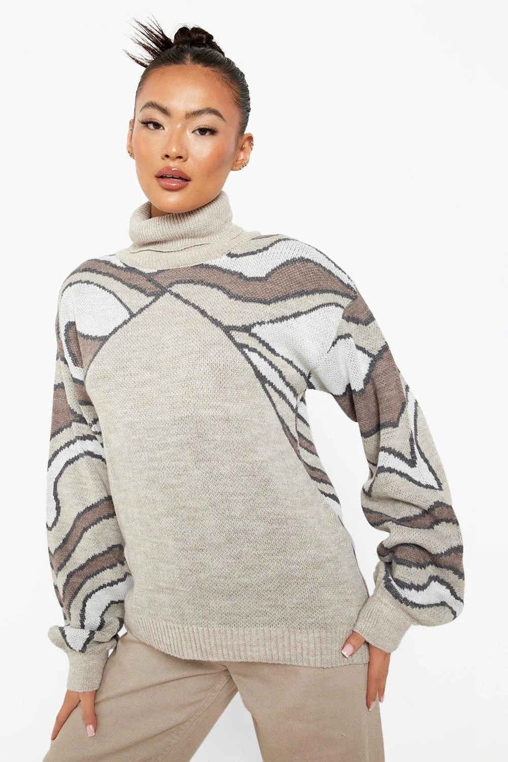 High Neck Marble Contrast Knitted Sweater