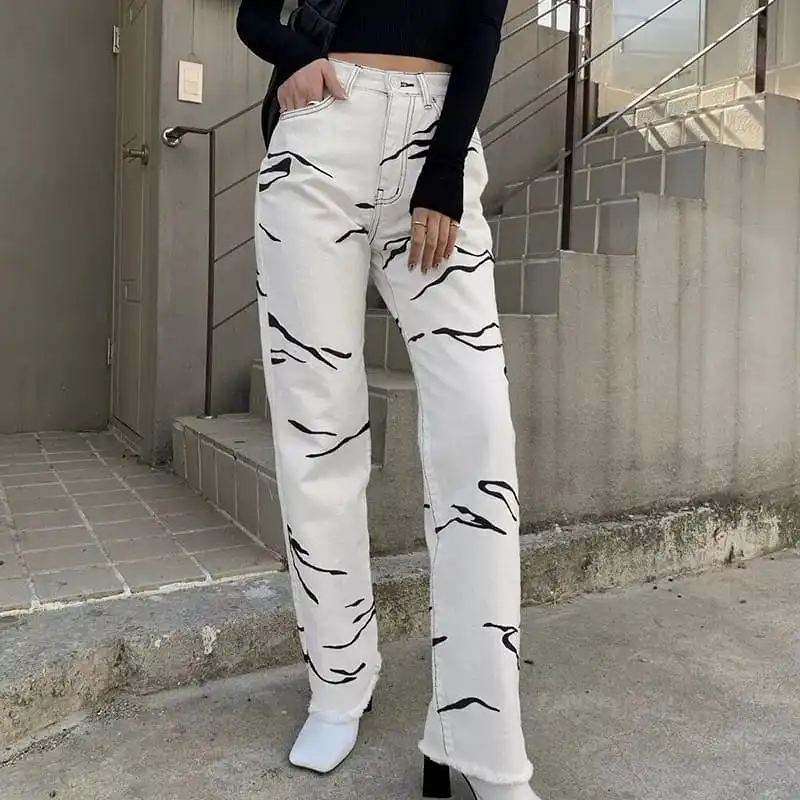 High Waisted Zebra Printed Denim Jean