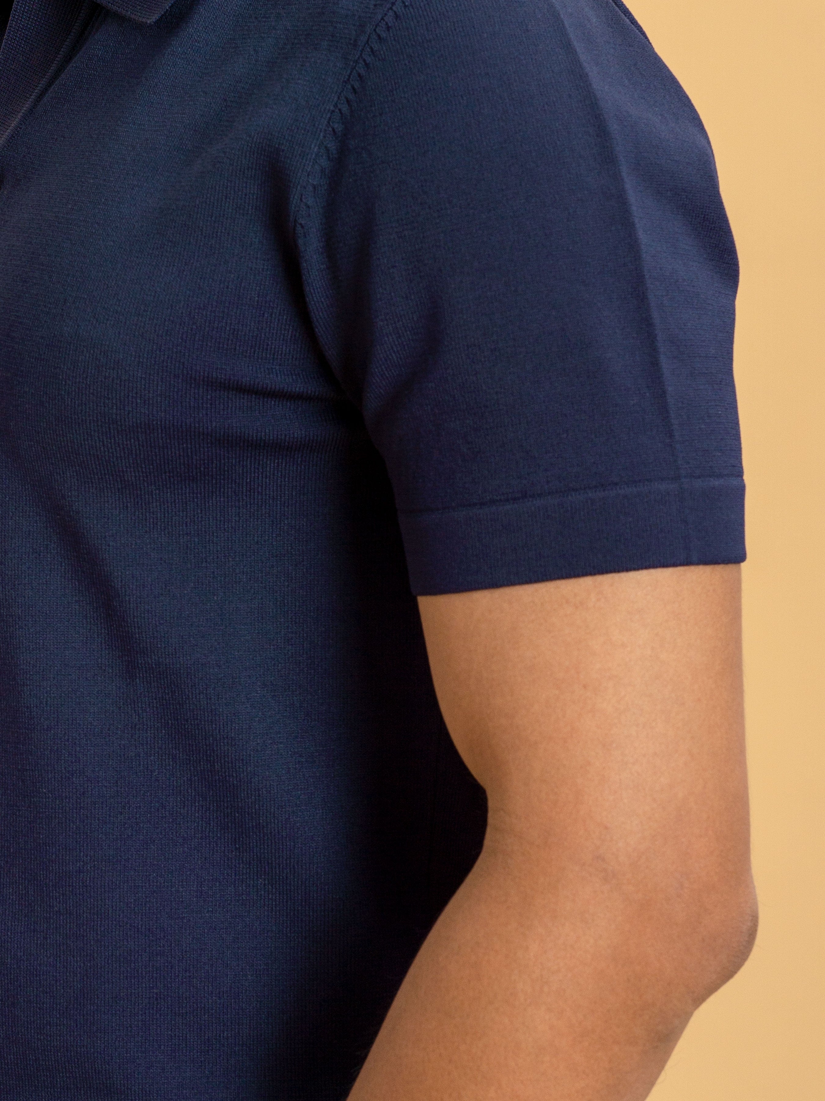 Knit Polo Tee - Navy Blue Open Collar