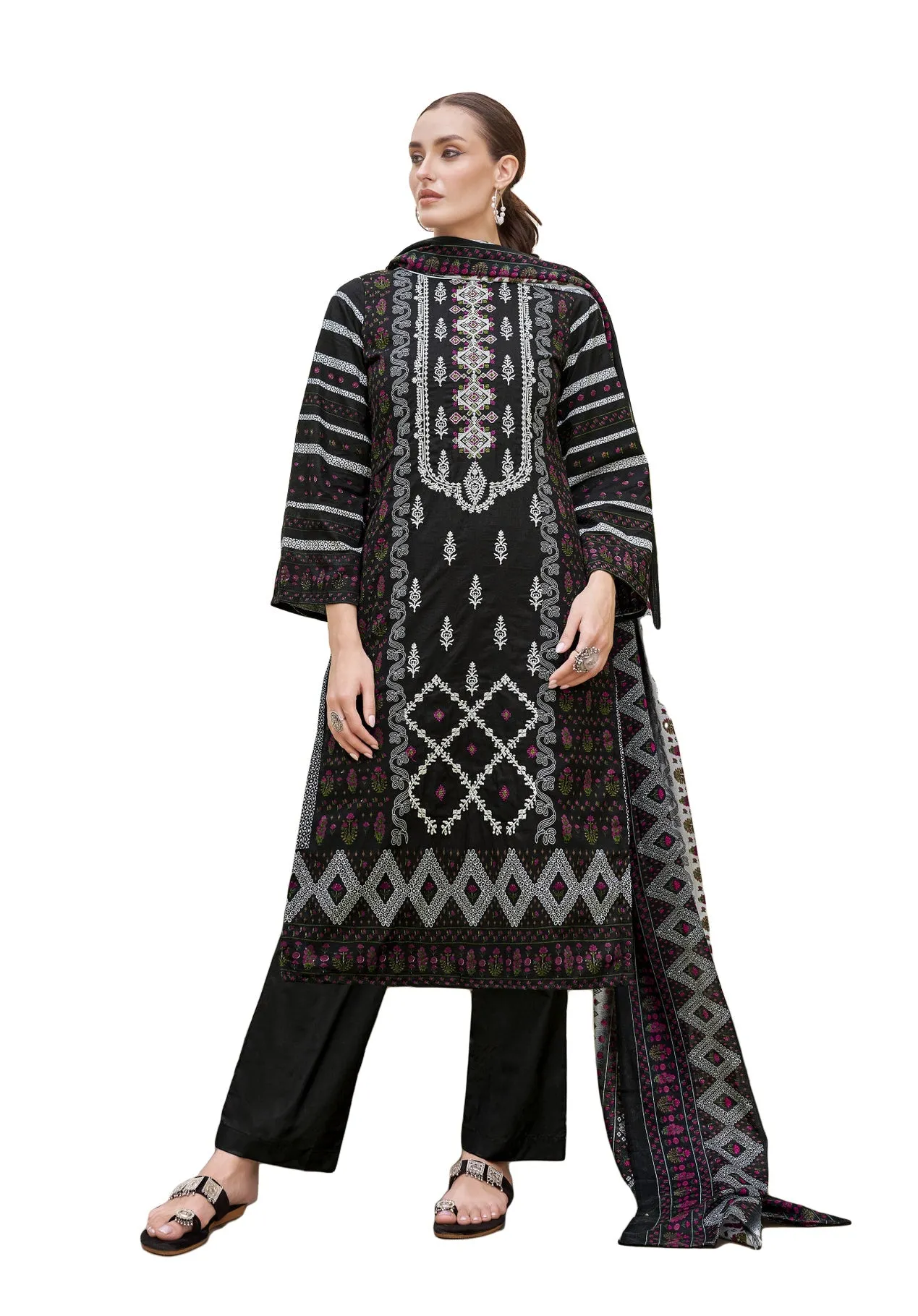 Ladyline Women's Black & White Printed Cotton Salwar Kameez with Embroidery,Pants,Cotton Dupatta