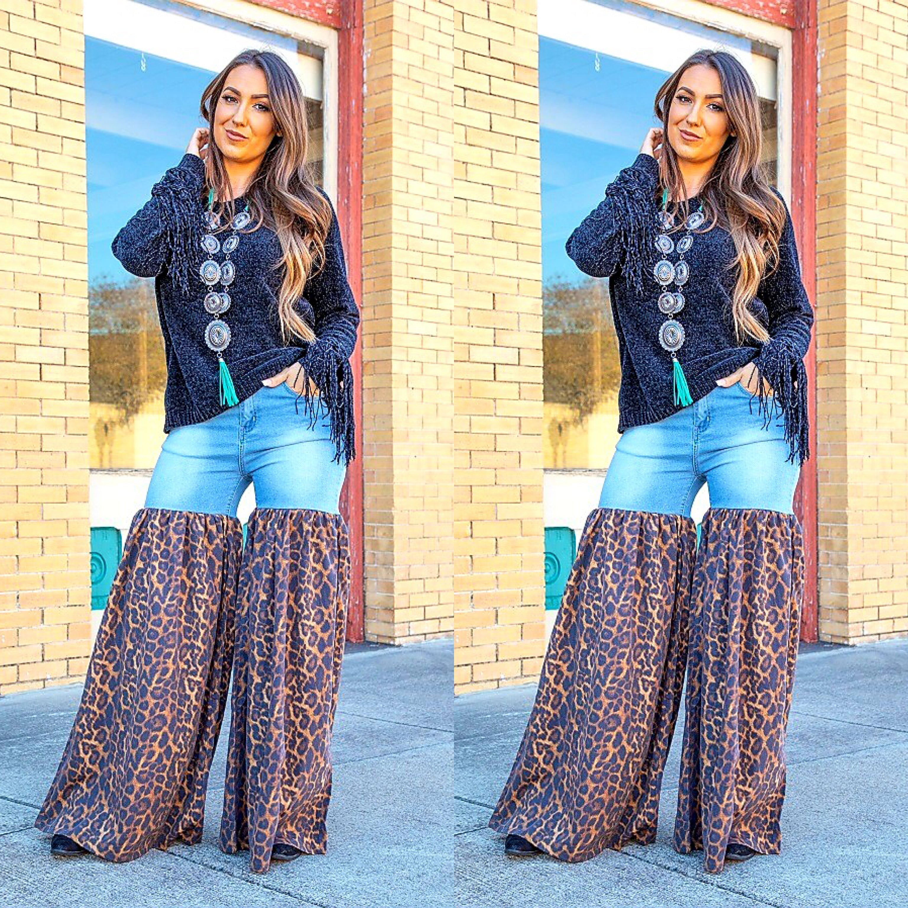 Light Denim Distressed Animal Print Palazzo Wide Leg Jeans