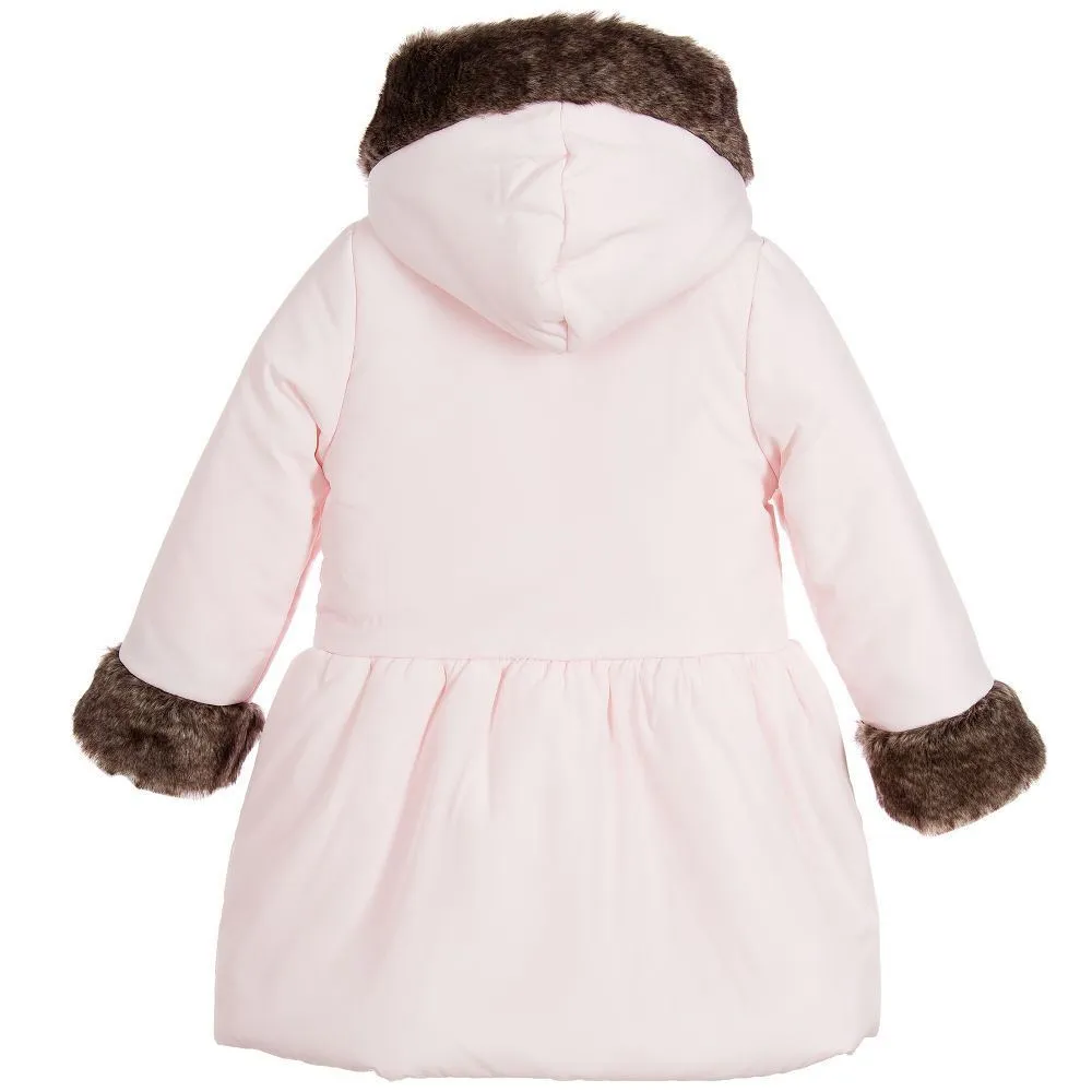 LILI GAUFRETTE GIRLS PALE PINK COAT WITH HOOD & FAUX FUR TRIM 3 YEARS