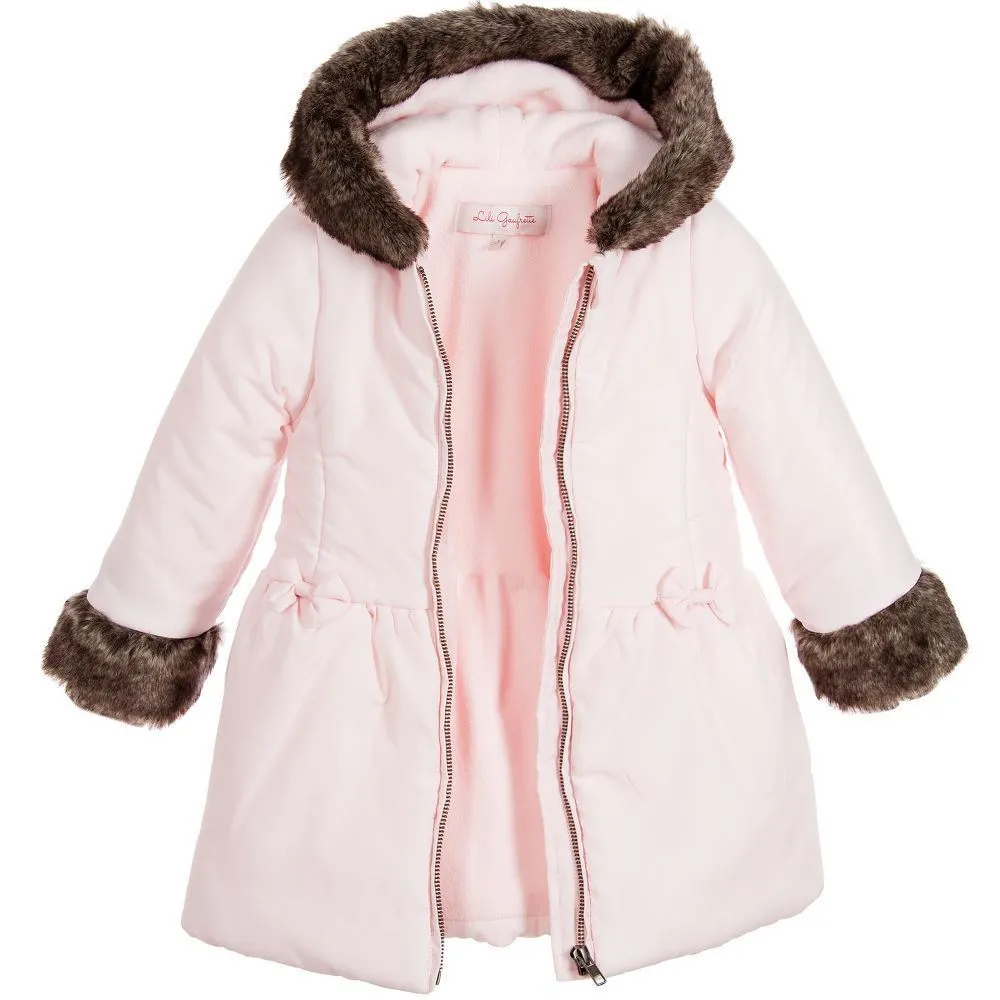 LILI GAUFRETTE GIRLS PALE PINK COAT WITH HOOD & FAUX FUR TRIM 3 YEARS