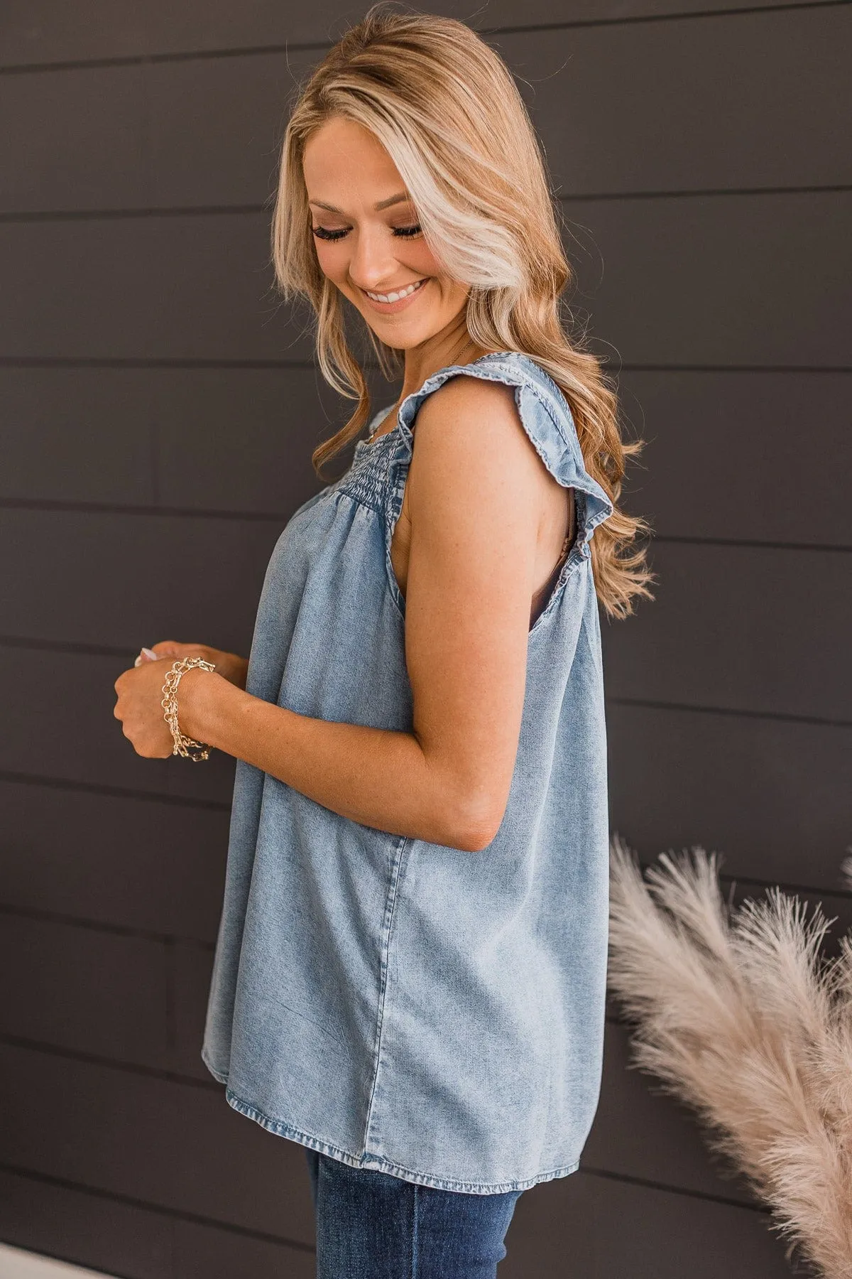 Loving Heart Smocked Tank Top- Light Denim