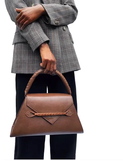 MARTE EGELE BROWN MIDI ESE Handwoven Top Handle and Front Closure Strip with Inside Open Pocket,  Handbag