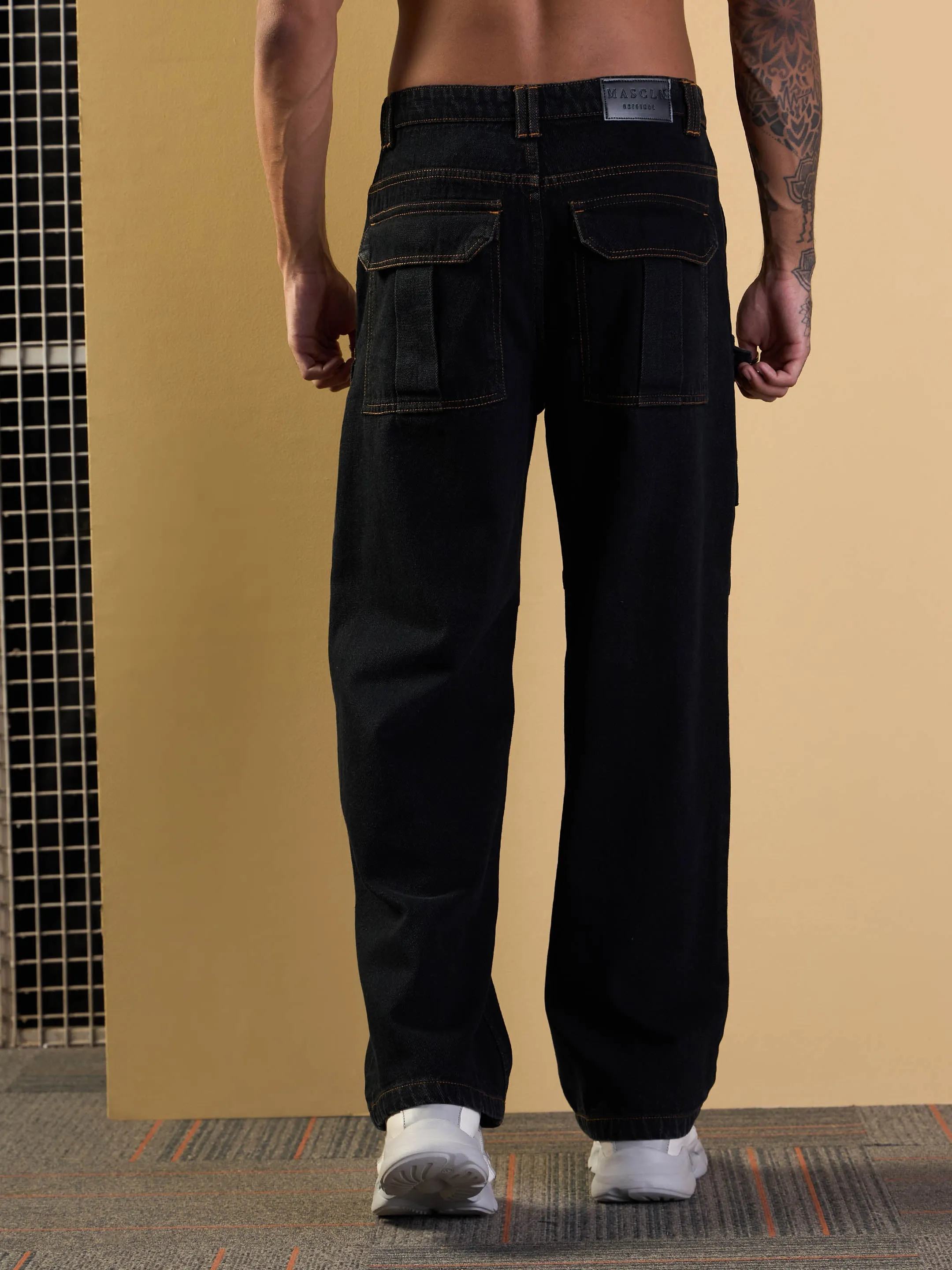 Men Black Side Pocket Baggy Cargo Jeans