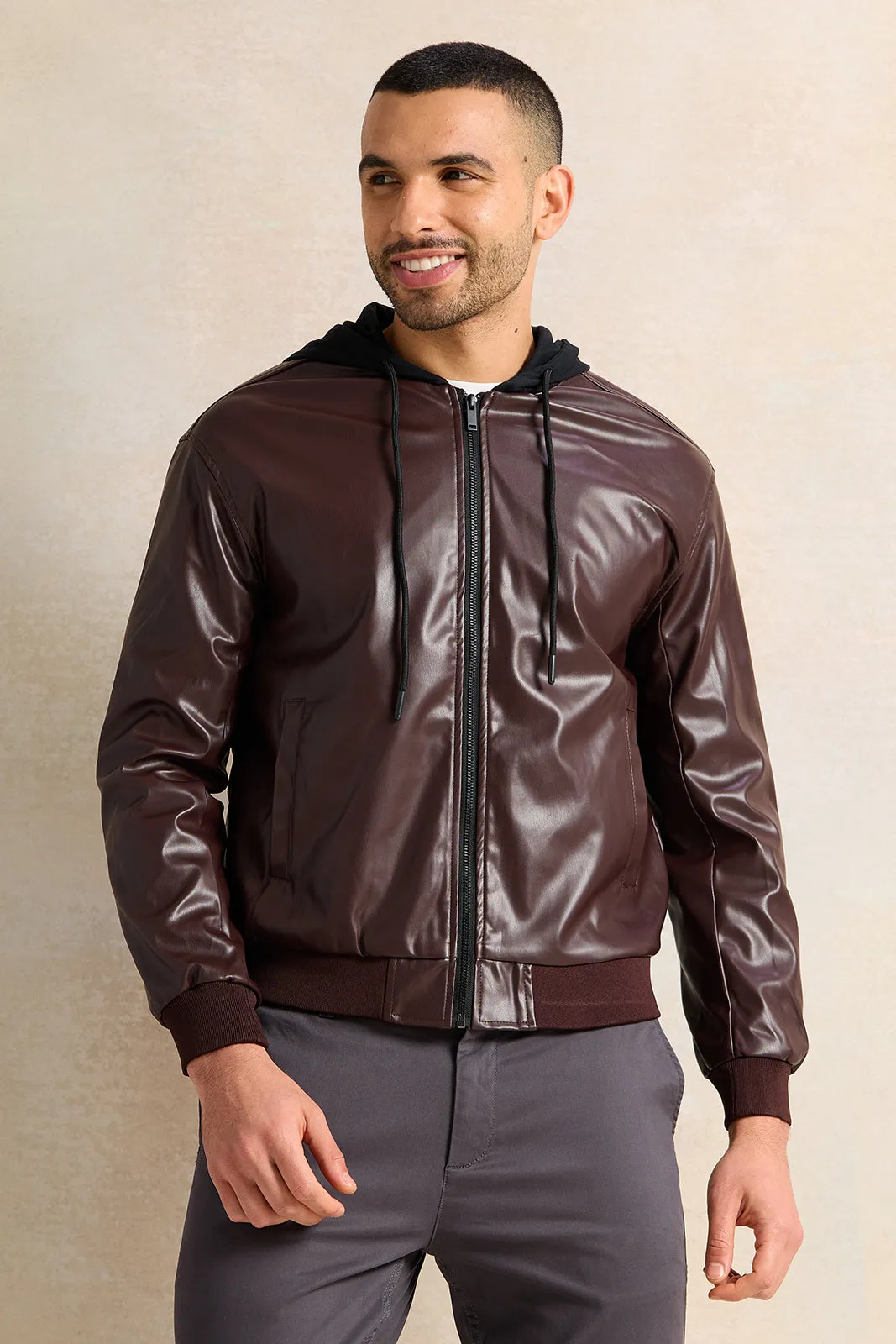 Men Burgundy Faux Leather Jacket With Hood