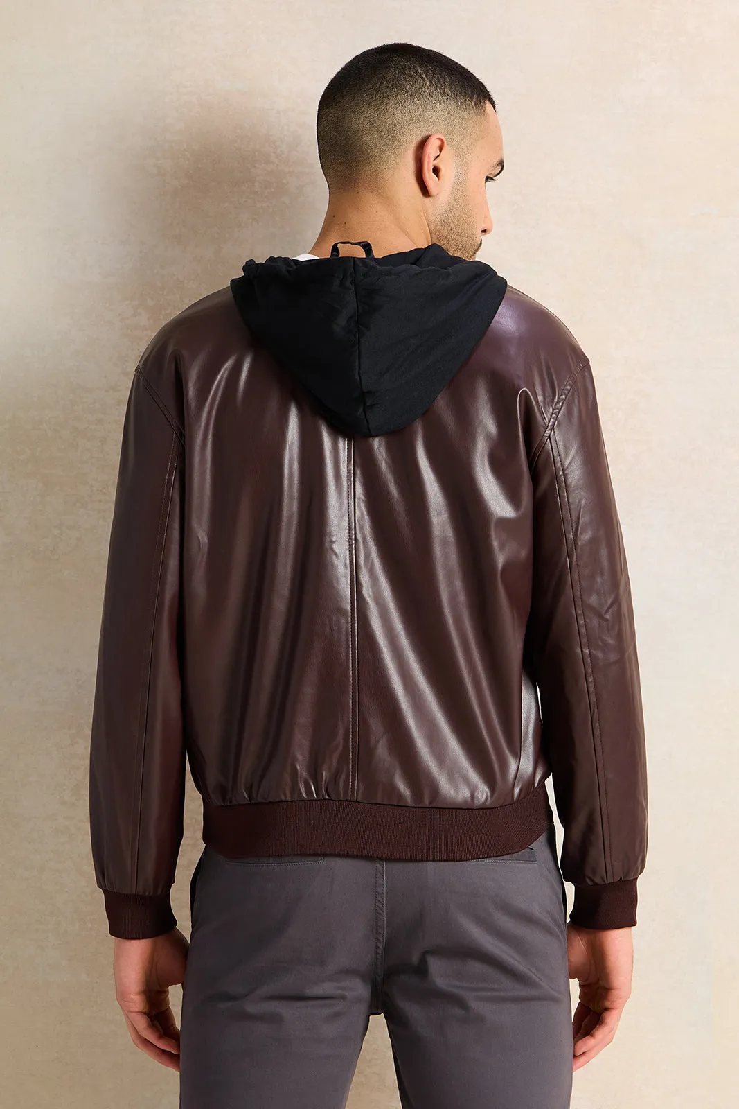 Men Burgundy Faux Leather Jacket With Hood