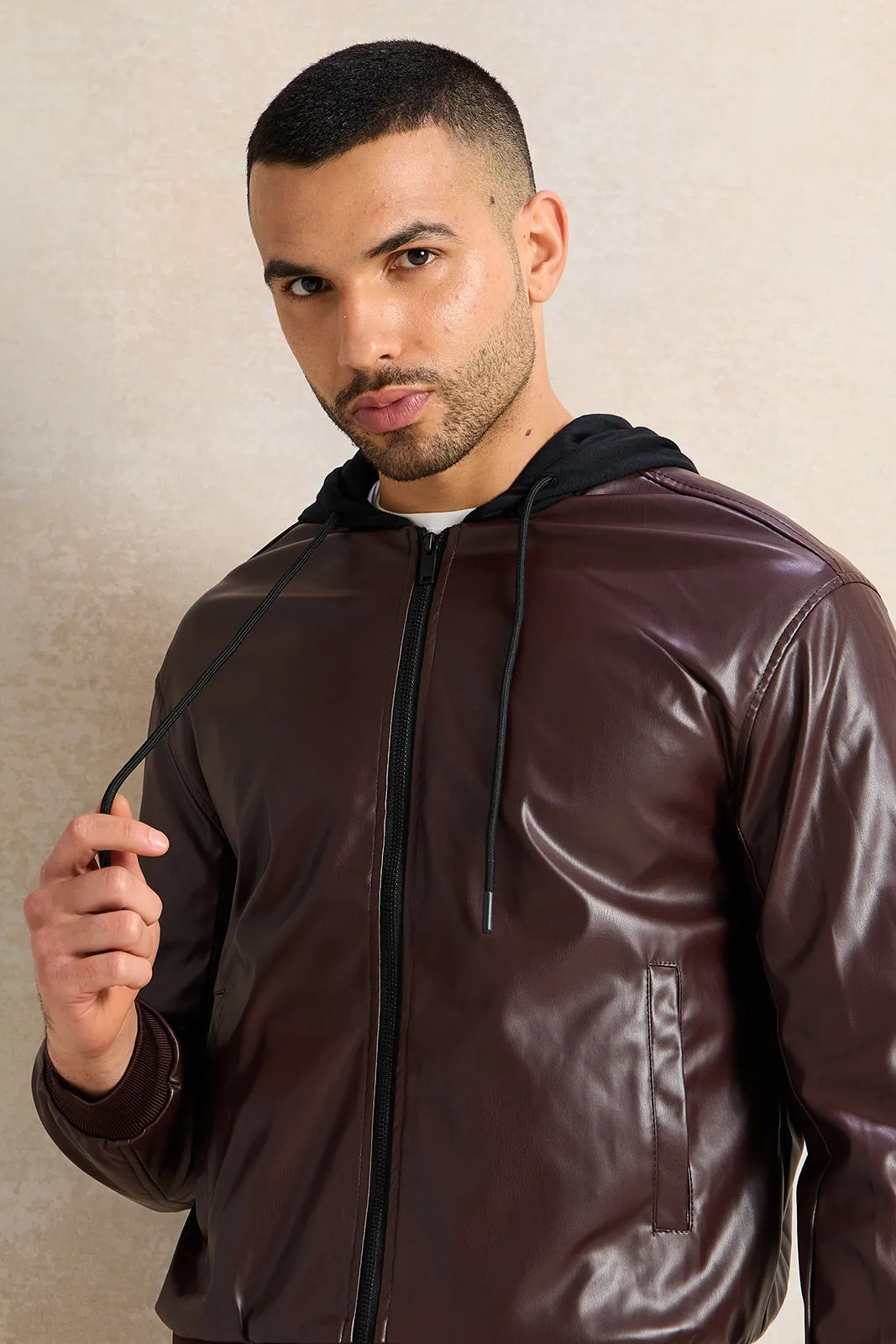 Men Burgundy Faux Leather Jacket With Hood